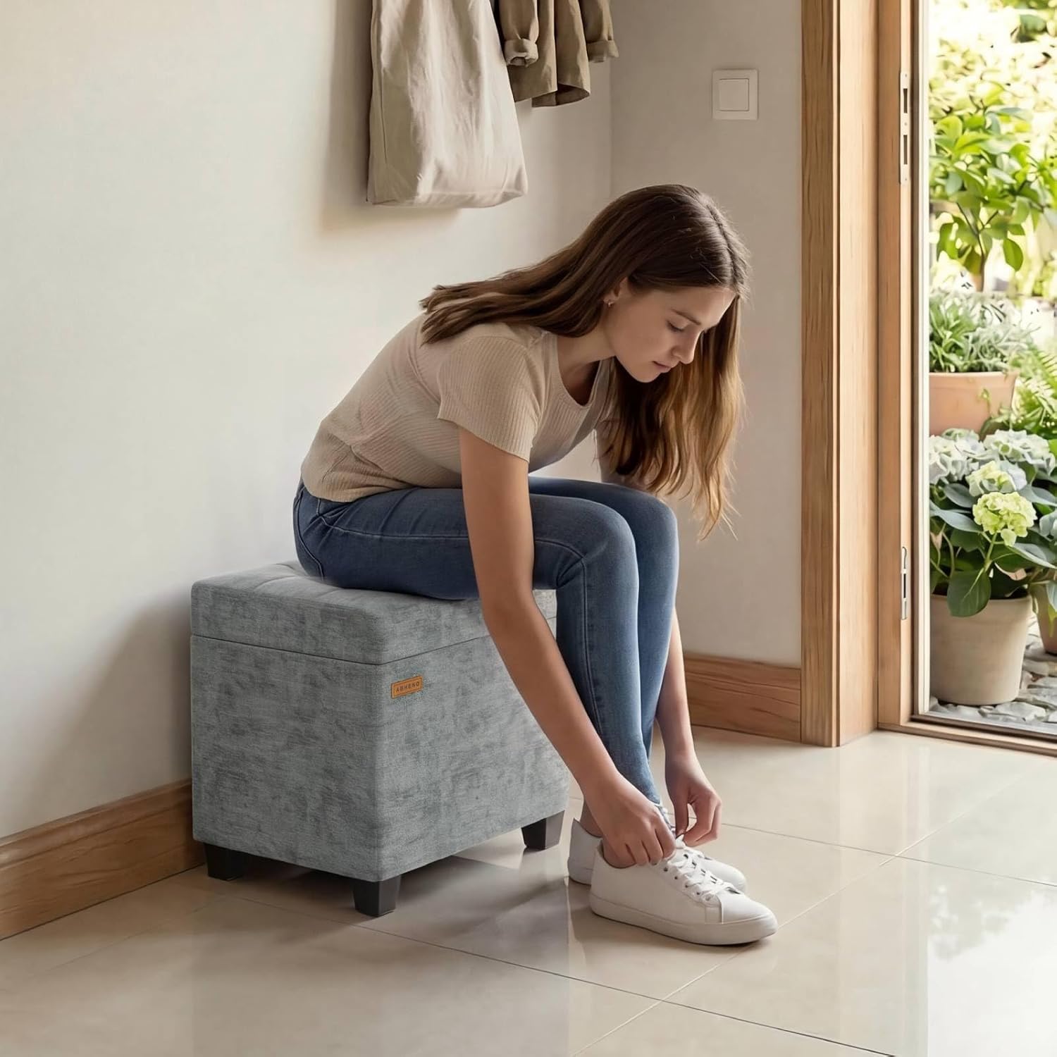 Chenille Metal Framed Storage Ottoman,12.2" D x 16.1" W x 17.7" H Tufted Upholstered Ottoman with Storage,Foot Rest Stool with Legs,Holds 770 LB for Dorm Living Room Bedroom Gray UASND70G