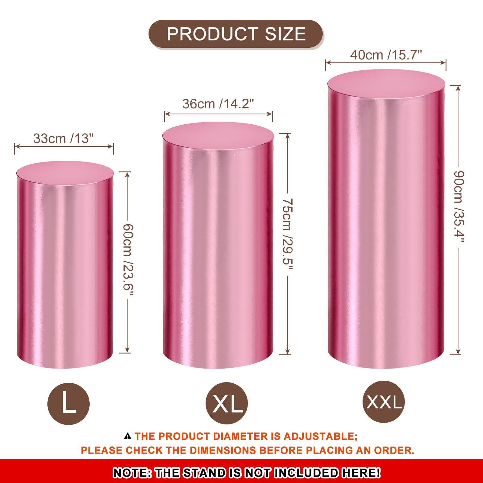 QUARKZMAN Juego De 3 Fundas De Cilindro De Spandex Rosa, Funda De Base De Pedestal Para Decoración De Fiesta Boda Cumpleaños, Solo Contiene Fundas De Cilindro (Tela De Foil - Grande)