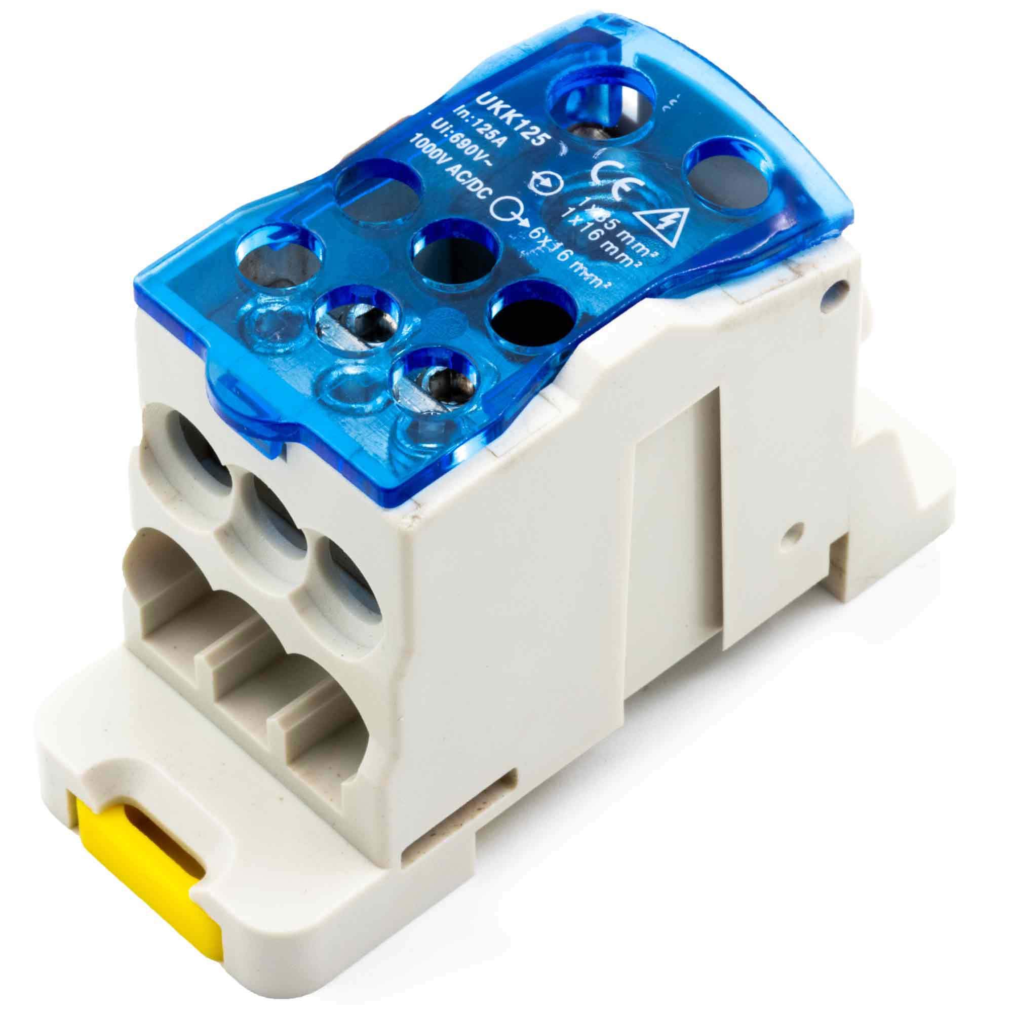 125A Power Distribution Block, Din Rail Terminal Block, 1x 2 AWG, 6X 14-6 AWG Din Rail Mount