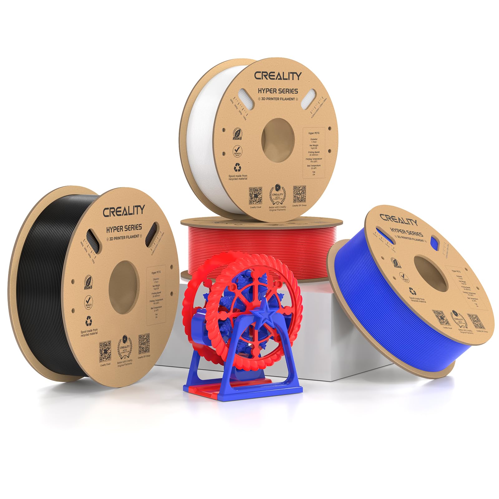 Creality Hyper PETG, filamento nero + bianco + rosso + blu 1,75 mm Hyper PETG 4 KG, filamento per stampante 3D PETG, precisione dimensionale +/- 0,03 mm, materiali di stampa 3D per la maggior parte