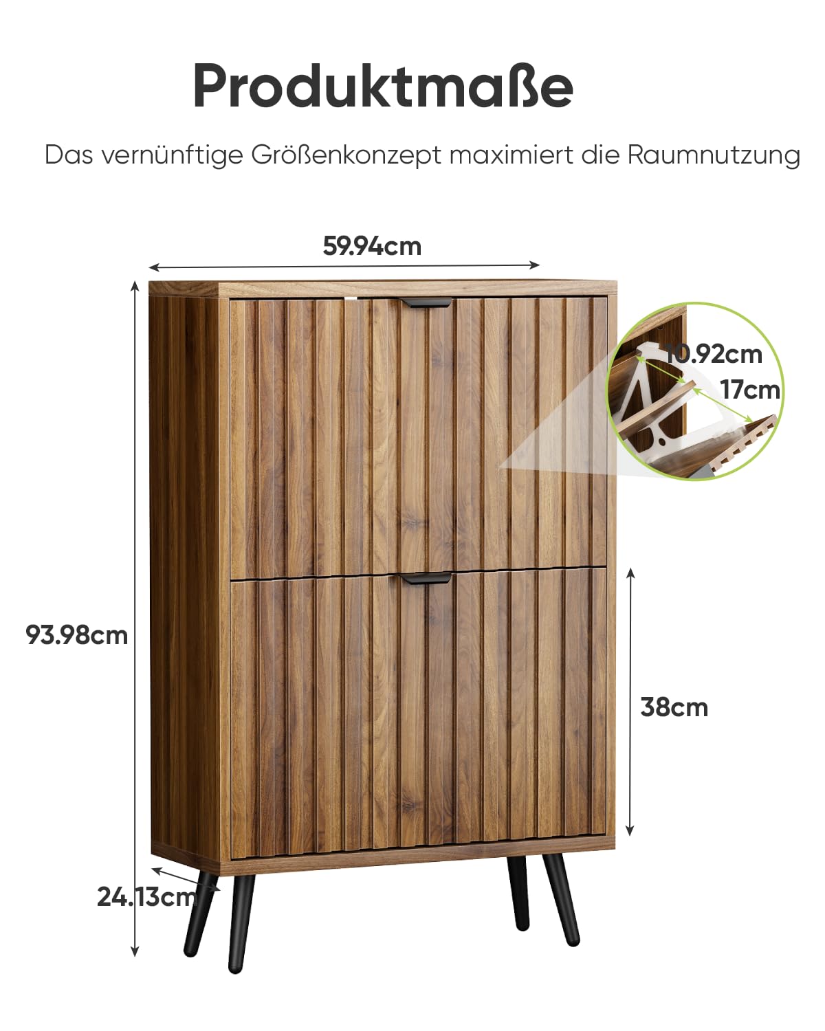 Smart FENDEE Schuhschrank, 60x24x94 cm, Walnussfarbe, 2 Klappen, 4 verstellbare Fächer, für 8-12 Paar Schuhe