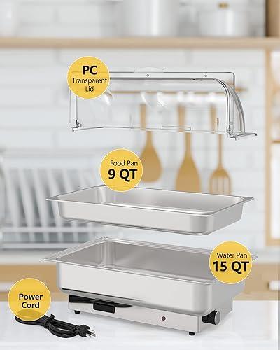 Miniatura 3 de Juego de bufé eléctrico de acero inoxidable de 9 cuartos con control de temperatura, servidores y calentadores de bufé con 1 sartén de tamaño