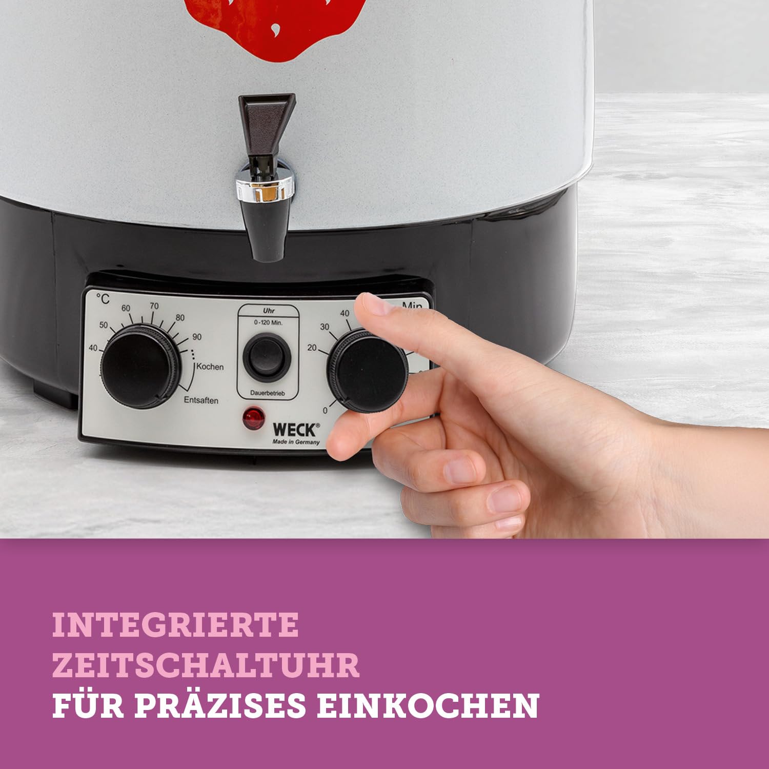 WECK Einkochautomat WAT15-A Emaille mit Präzisionsthermostat, Auslaufhahn & Zeitschaltuhr – 29L Einkochtopf, Glühweinkocher, Dampfentsafter, Einweckautomat – Made in Germany
