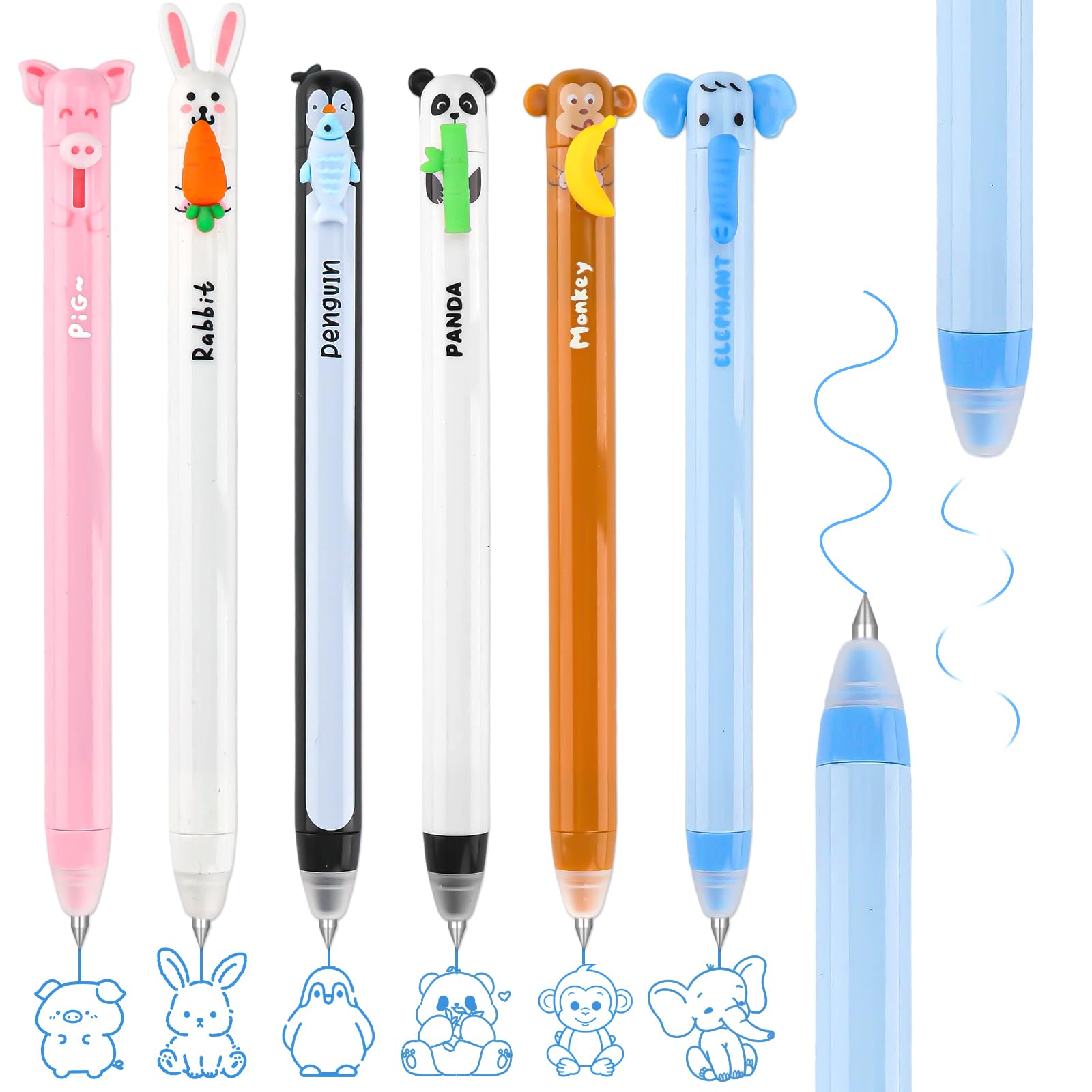 Set di 6 penne gel cancellabili, 0,7 mm, blu, motivo animale, con gomma integrata, inchiostro sensibile al calore, adatto come regalo per Pasqua, inizio della scuola
