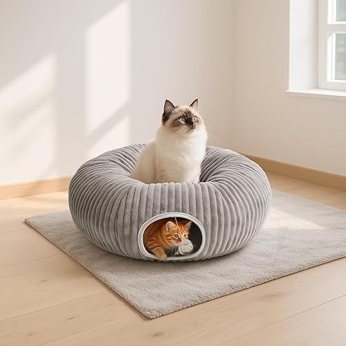 Miniatura 3 de Cama tipo Túnel para Gatos de Interior, Cama tipo Cueva de Gato Peekaboo, Túnel Suave para Gatos Tipo Donut para Gatito y Gatos Grandes, Falda Gris