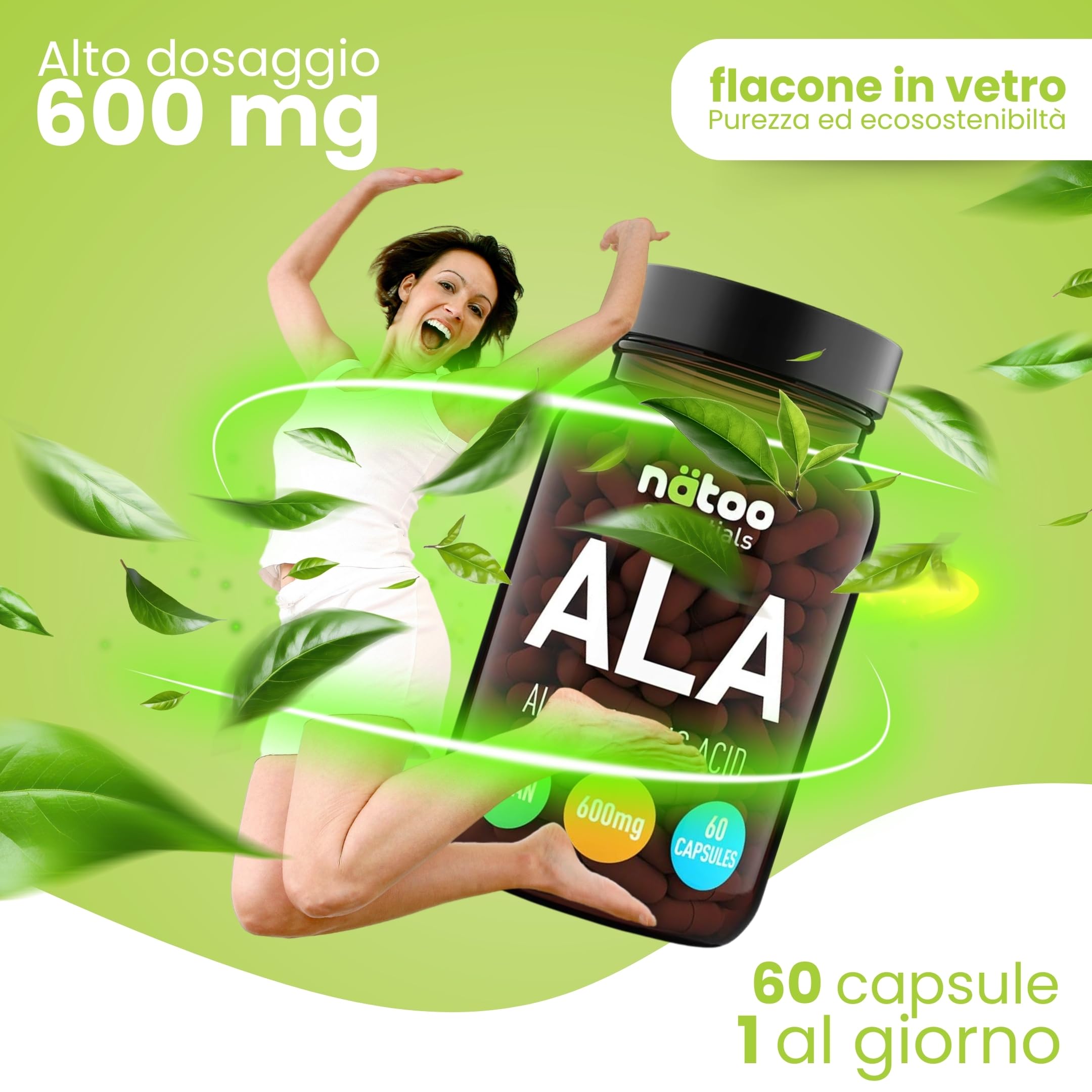 NÄTOO Acido Alfa Lipoico 600 mg, 60 Capsule ad Alto Dosaggio (2 mesi di integrazione), Acido Lipoico Potente Antiossidante contrasta i Radicali Liberi, Integratore di Acido Alfa-Lipoico Vegan