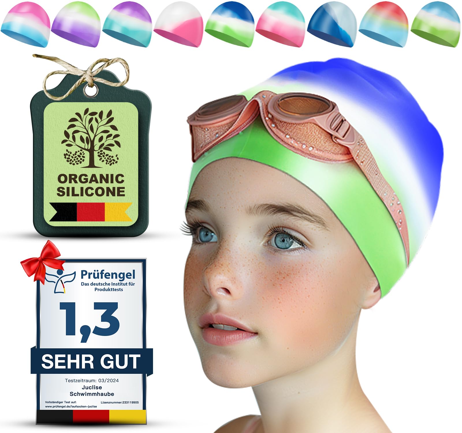 Juclise Swimming Caps for Kids，Girls and Boys, Stretchy Silicone Design, Comfortable Fit for Long and Short Hair (Blue-Green, Age 9-15)