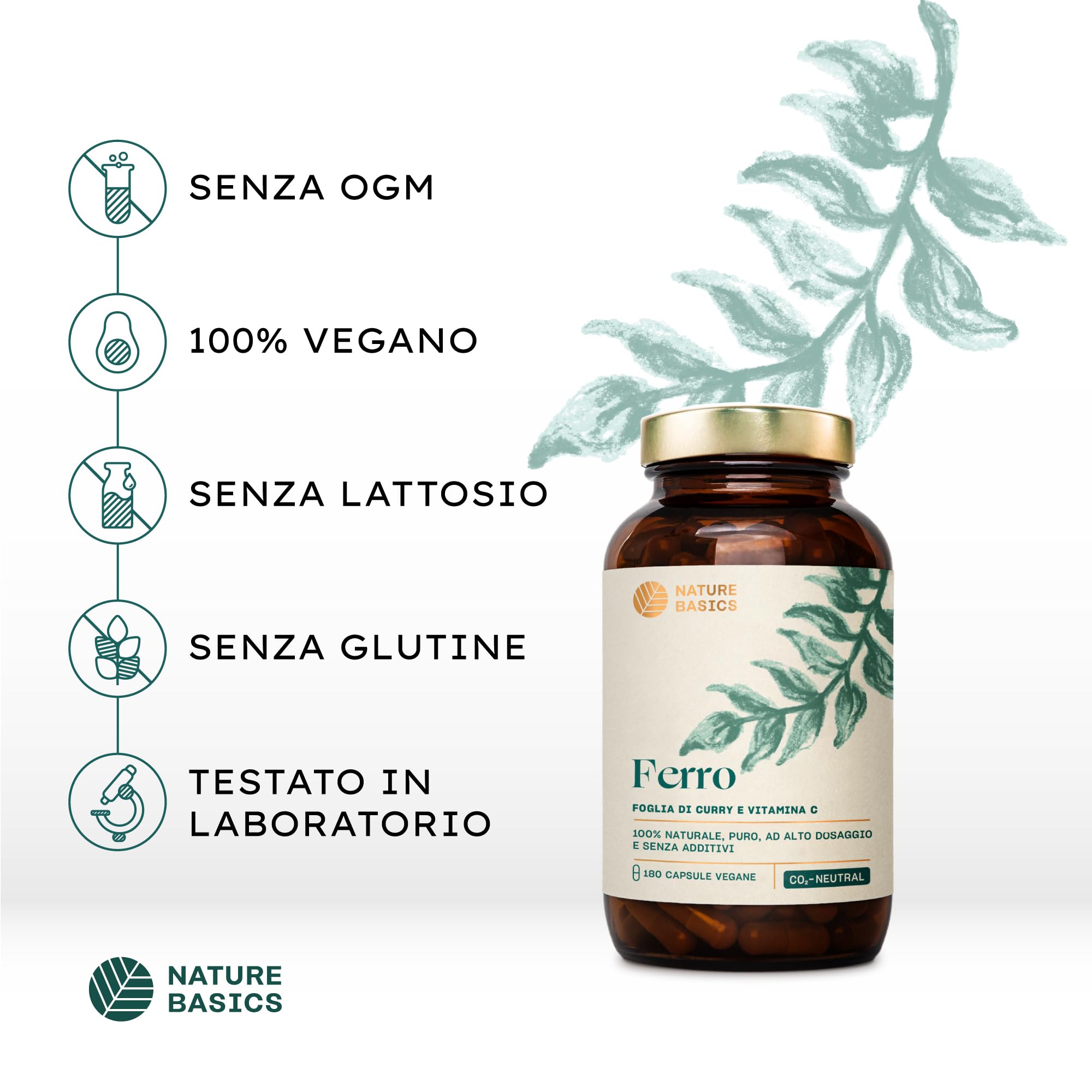 Nature Basics® ferro naturale certificato e sostenibile in un barattolo | 180 (!) capsule altamente dosate | 14mg di ferro e 80mg di vitamina C per capsula | puro da foglie di curry e rosa canina