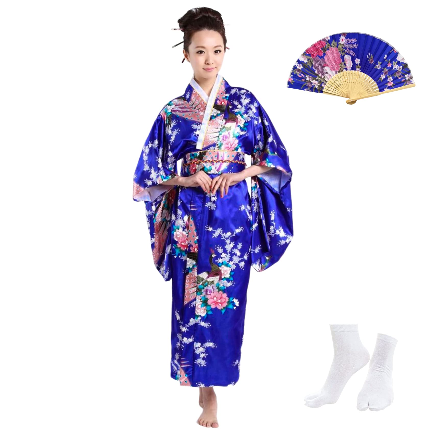 KRUIHAN Kimono Tradicional Japonés para Mujer,Bata Yukata Japonés para Mujer,Vestidos Estilo Japonés para Mujer,Disfraz Cosplay,Bata de Raso para Fiesta Spa Boda,con Abanico Plegable y Calcetines Tabi