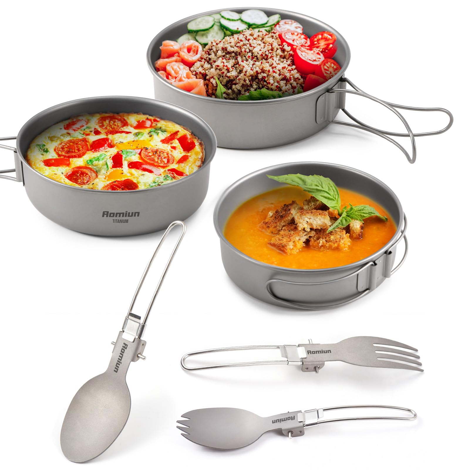Set di Utensili e Ciotola da Campeggio, 3 Ciotole, Cucchiaio e forchetta, Combo Ciotola in Titanio con Manico Pieghevole, stoviglie da Escursionismo ultraleggere in Titanio, Set da 6 Pezzi