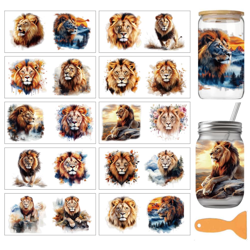 arricraft 10 Pcs Wild Animal Theme PVC Cup Transfer Stickers, Forest Lion Pattern UV Waterproof Cup Sticker for 16 oz Glasses Window Home Printing Decoration 24x11cm