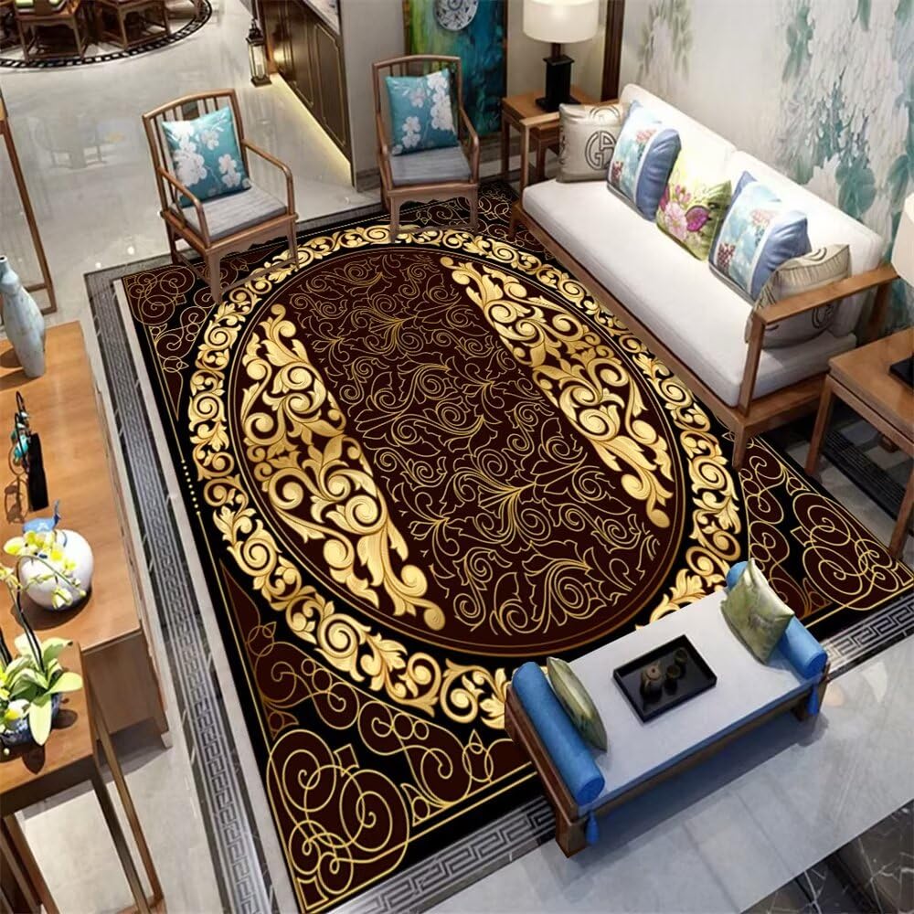 Tapis de salon de luxe grand format design raffiné couleur or