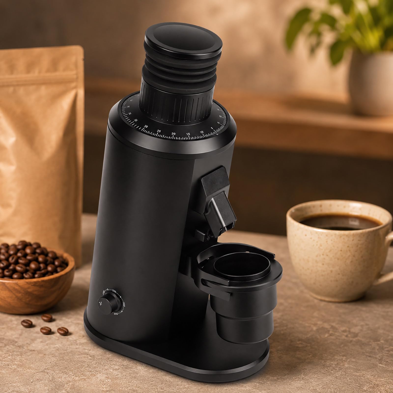 vnmudzeo Electric Coffee Grinder for Espresso - 80mm Flat Burrs, Adjustable 800-1600 RPM, 70g Bellows Hopper, Stepless Grind Dial and Portafilter Fork Black