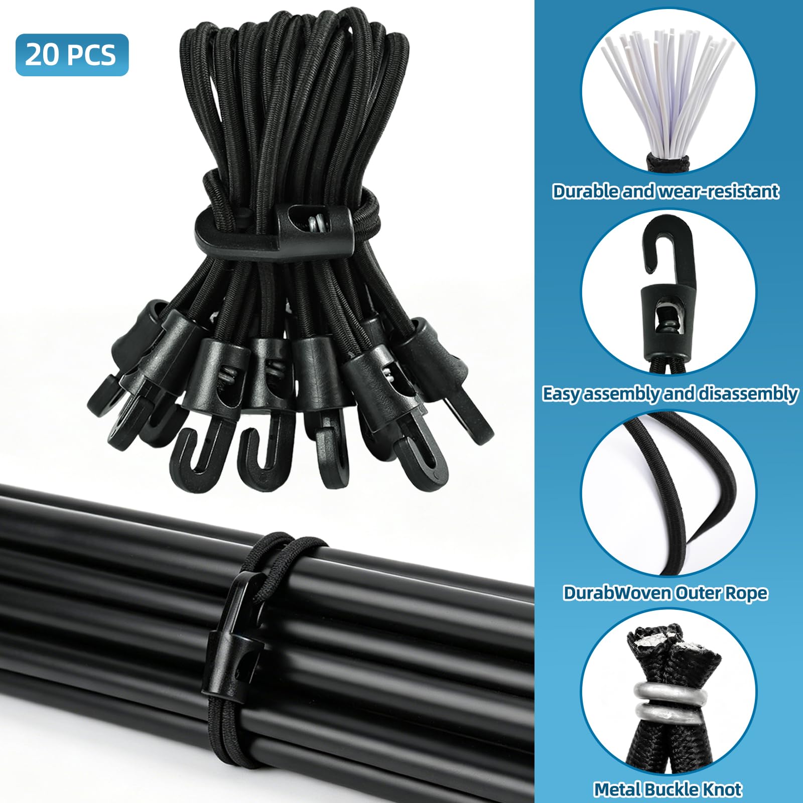 Tenditore per telo con Ganci,20 Pz Corde Elastiche con Gancio,Tenditori Elastici con Gancio,Tenditori per Teloni con Ganci,Corde Elastiche con Gancios Tenditor per Campeggio,Tarpe,Tende a Baldacchino