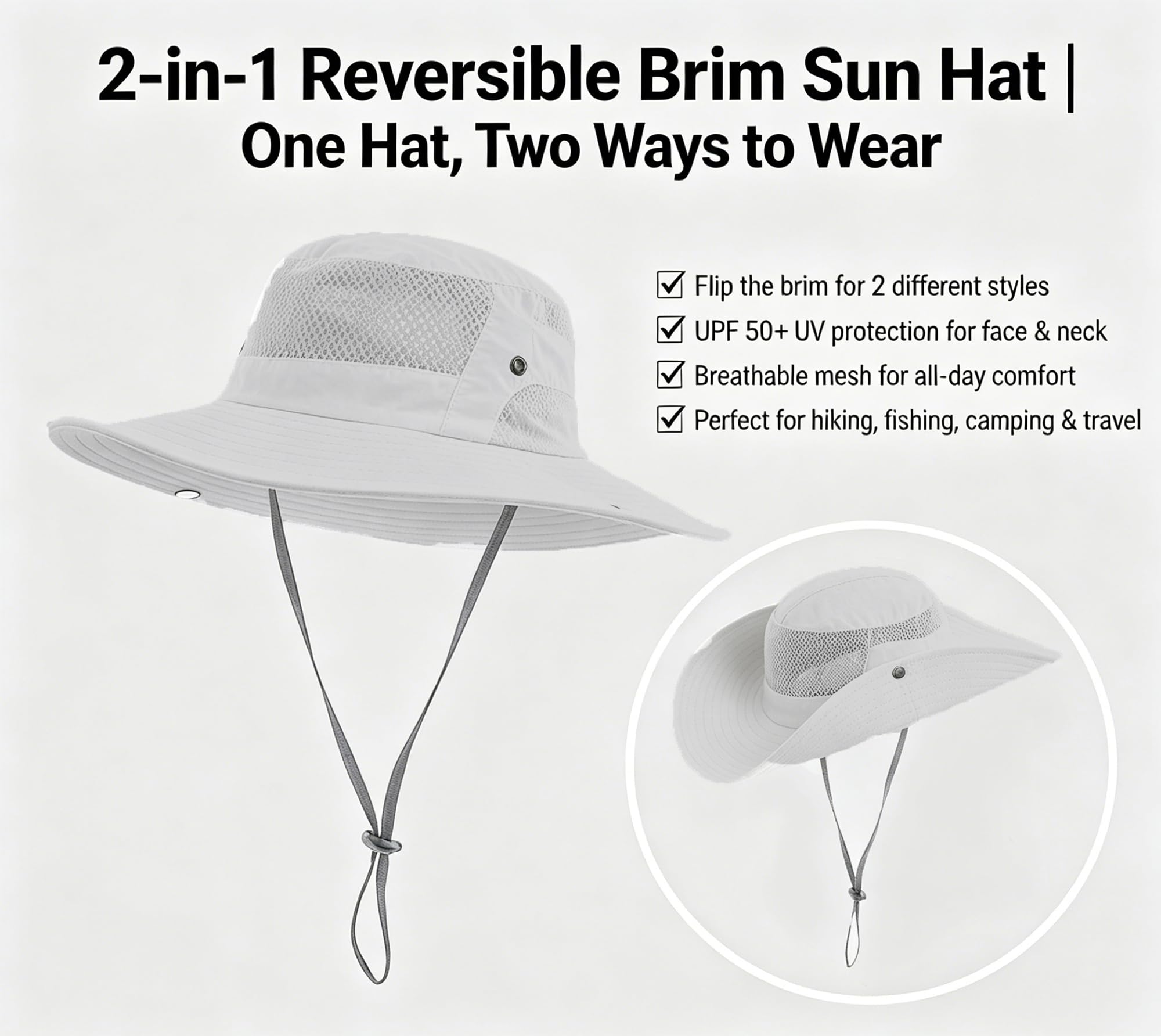 Sonnenhut Herren Damen Wasserdicht, UPF 50+ UV-Schutz Wanderhut Faltbar, Atmungsaktives Mesh Fischerhut mit Breiter Krempe Verstellbarem Kinnband für Outdoor Angeln Garten Safari