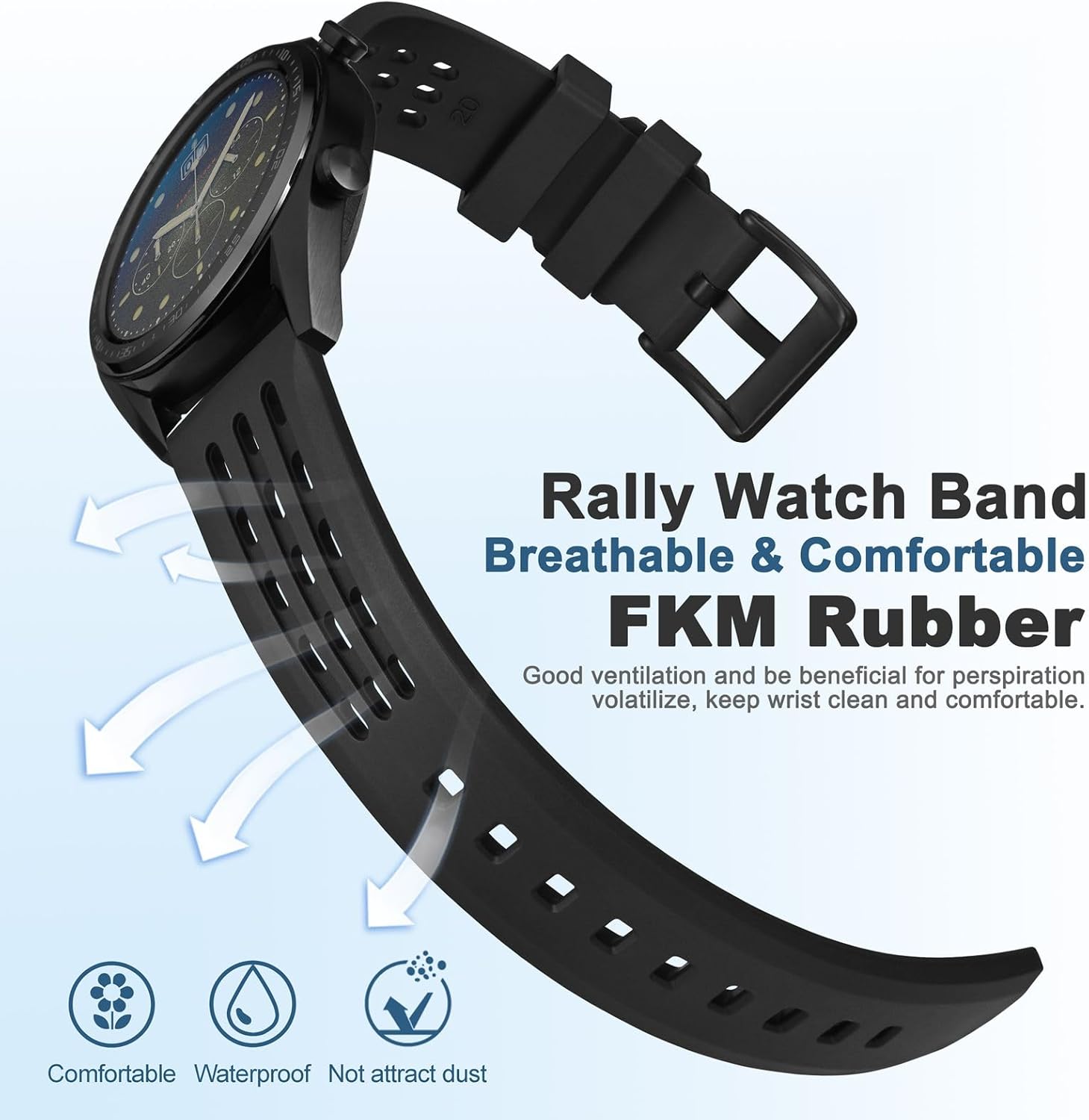 WOCCI 20mm Rally Watch Band, FKM Rubber Strap, Quick Release, Black Matte Buckle (Black)