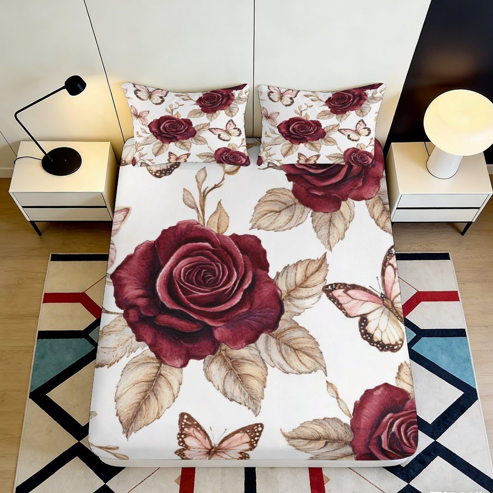 Jqzkxnhpbr Style-3 3D Printed Red Rose Fitted Sheet Microfiber Bedroom Decor Butterfly Mattress Cover For Home Guest Room Easy Care 90X200x25cm