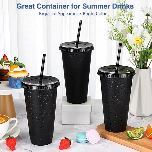 Miniatura 4 de Amyhill 24 vasos reutilizables con tapas y pajitas de 24 onzas con purpurina para café helado, taza de viaje de plástico para jugos de batidos,