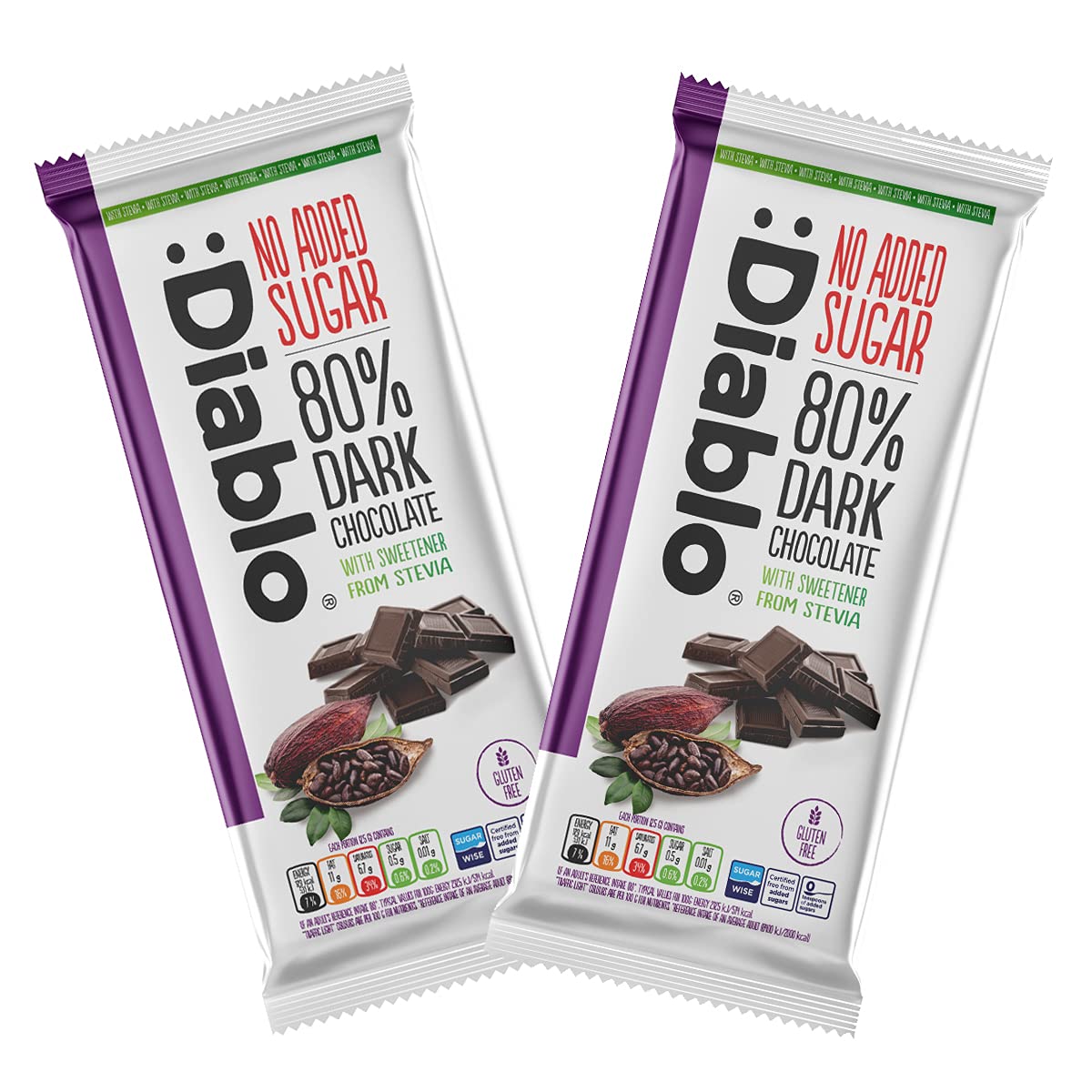 Diablo 80% Dark Chocolate |Sweetened with Stevia| No Added Sugar, Gluten Free | Perfect for Gifting (Pack of2)