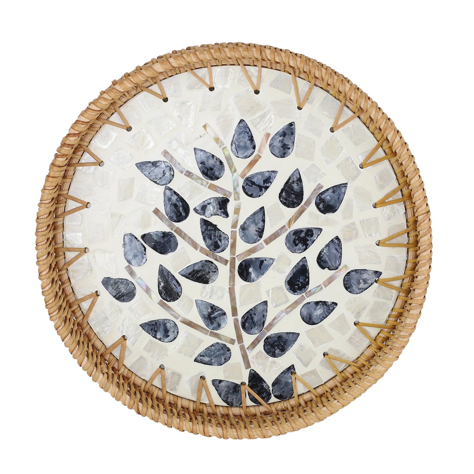 Natural woven rattan round storage tray, inlaid with mother-of-pearl, handcrafted tray suitable for snacks, bread, breakfast, etc., eco-friendly home and tabletop decoration