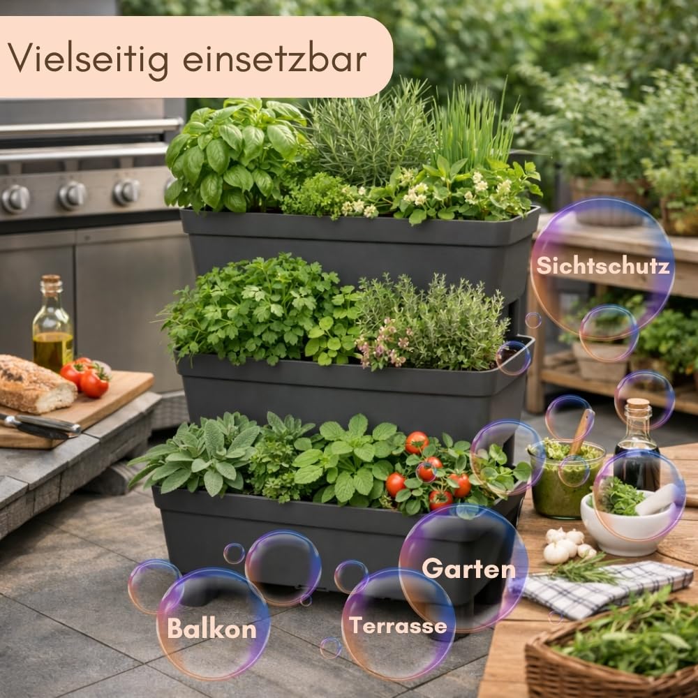 2er Set Pflanzkübel mit Sichtschutz Hochbeet Balkon 3 Etagen Vertikalbeet mit Sichtschutz Blumenkasten Balkon Hoch Pflanzentreppe Pflanzpyramide Hochbeet Garten