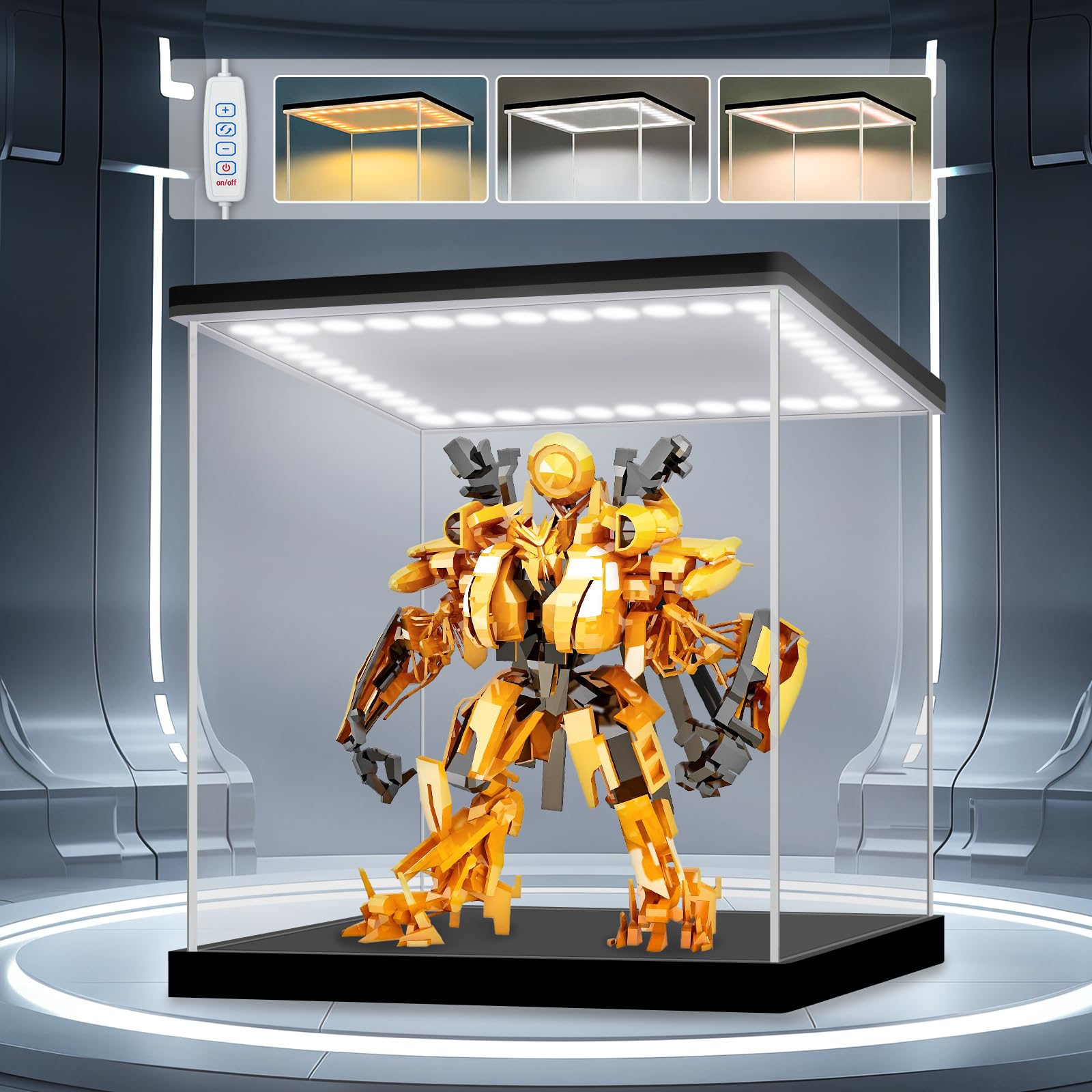 Huijintao Warm Light Clear Acrylic Display Case With Led Light Assemble Box Organizer Dustproof Showcase For Toys Collectibles (12X12x12inch; 30X30x30cm)