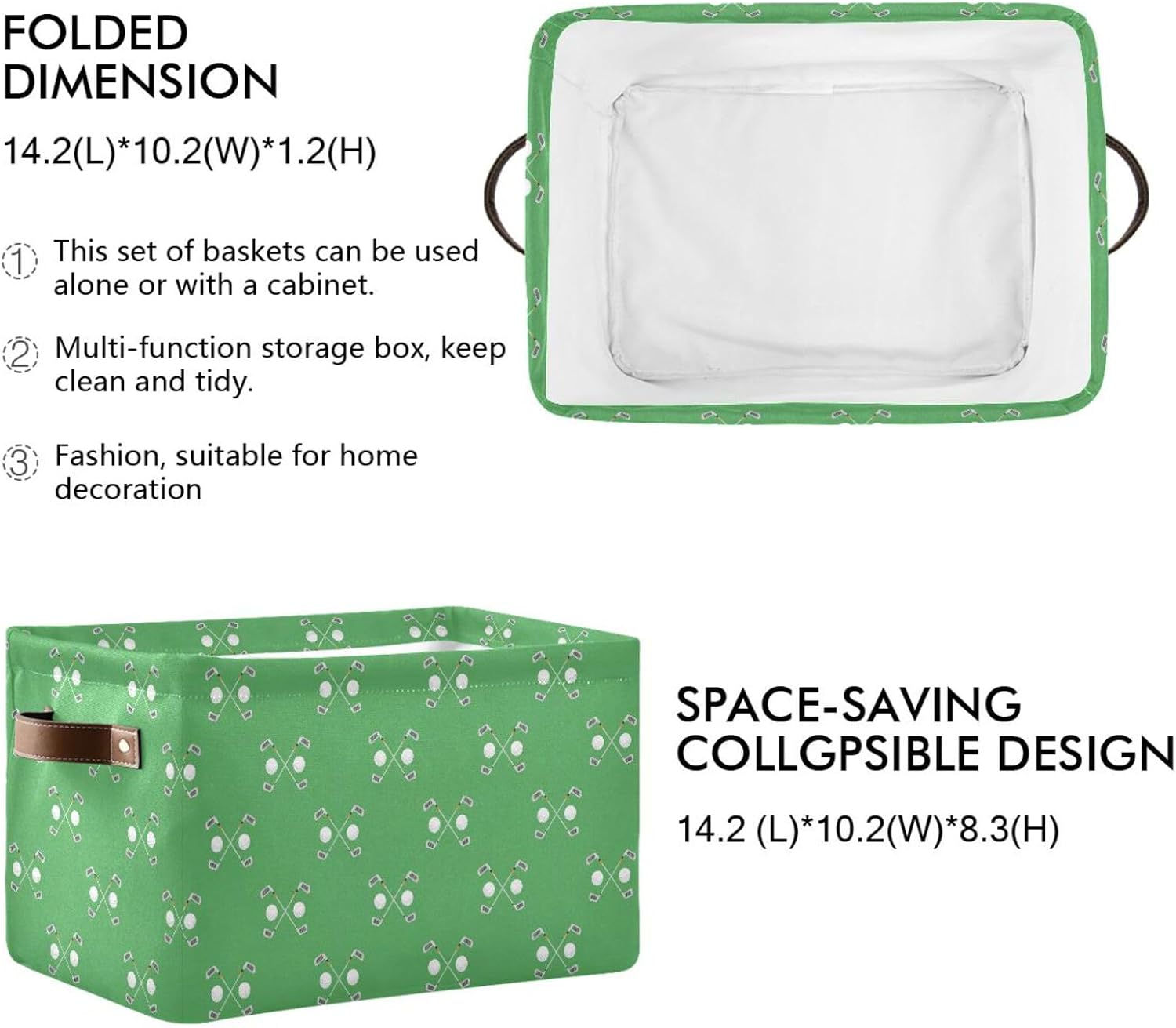 Emelivor Green Golf Ball Storage Basket Bins Foldable Decorative Storage Box Laundry Hamper Baskte Storage for Office Bedroom Clothes Bedroom Living Room,1 pcs