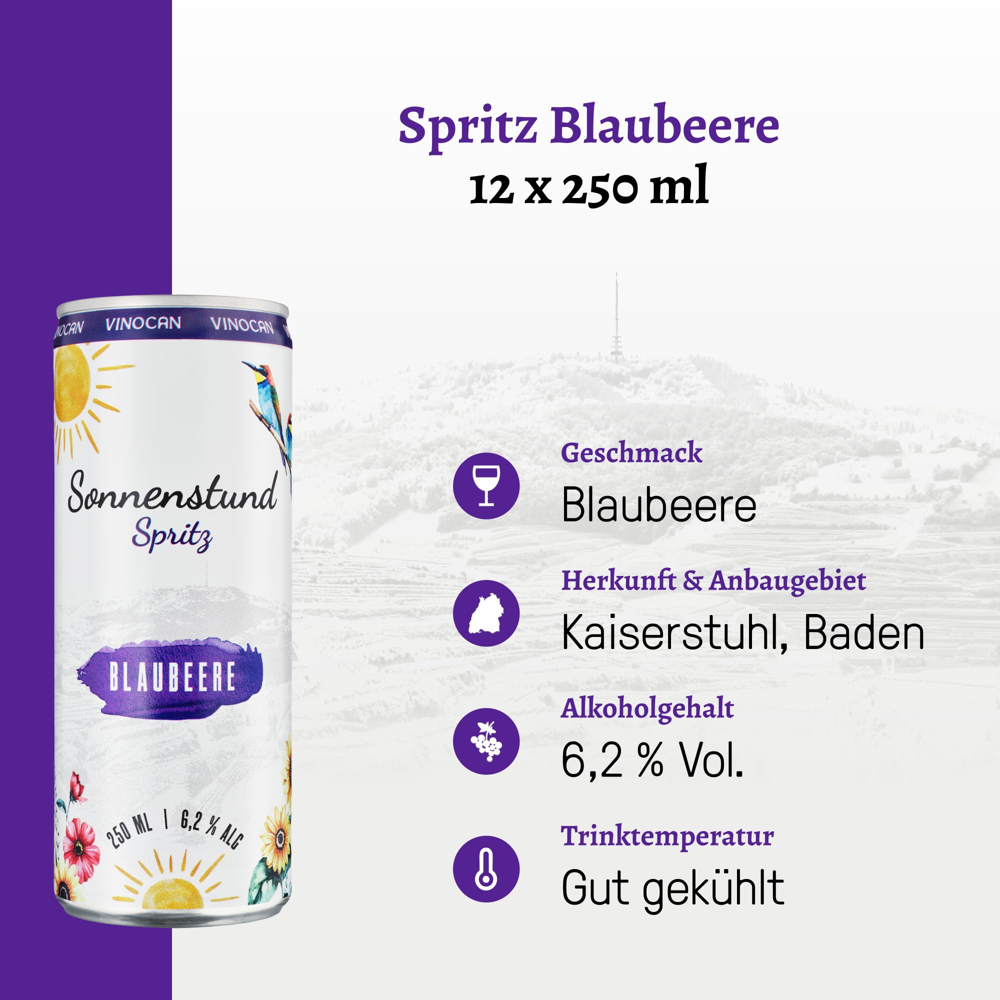 Sonnenstund Spritz Blaubeere - fruchtig leicht & erfrischend - Aperitif mit harmonischem Süße-Säure Spiel, Ready to Drink mit badischer Weinherkunft, 12 x 250 ml Tray