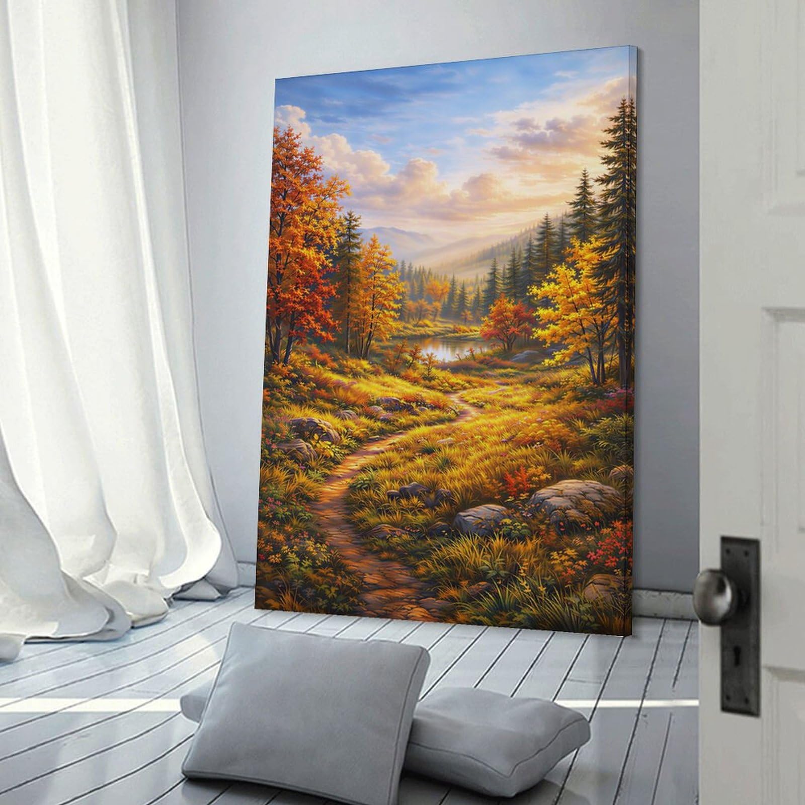 Junmoney Autumn Landscape with Path And Lake Canvas Wall Picture, 24x36inch(60x90cm), for Home, Office, Studio Or Guest Room, A Flexible Wall Accent for Shared Spaces