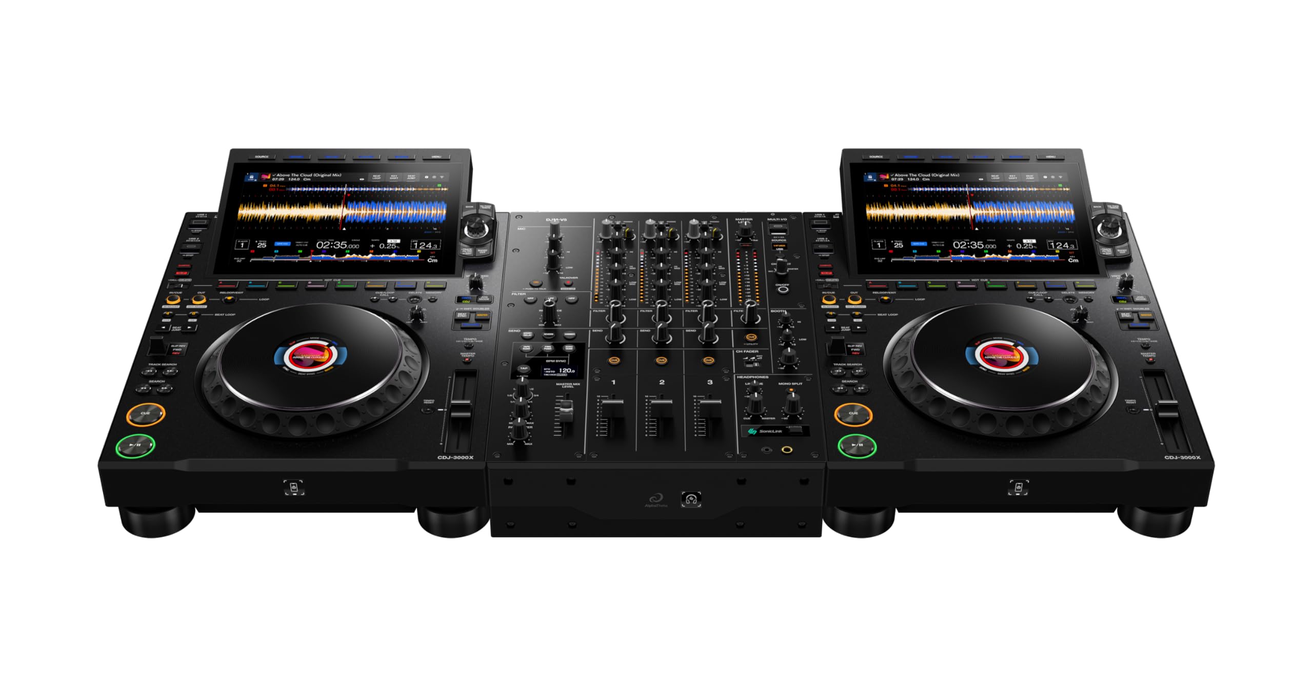 AlphaTheta Pioneer DJ DJM‑V5 Mezclador DJ profesional de 3 canales, AD/DA ESS de 32 bits, EQ de 4 bandas, Beat‑Synced Send FX, filtro cruzado, transmisor inalámbrico SonicLink, Pro DJ Link - Negro