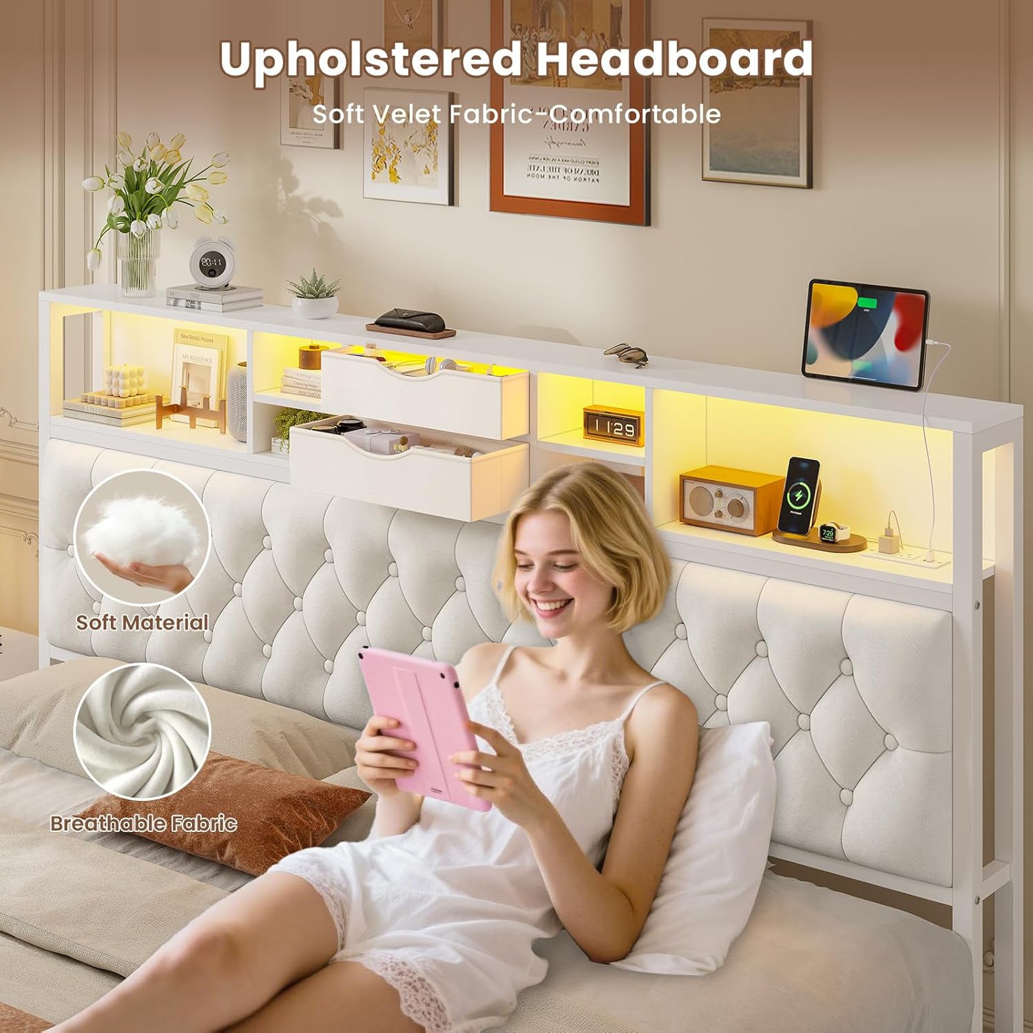 BTHFST Modern King Bed Frame with 5 Drawers & 2-Tier Storage Headboard, Velvet Upholstered Platform Bed with LED Lights and Charging Station, No Noise, No Box Spring Needed, Easy Assembly, Beige