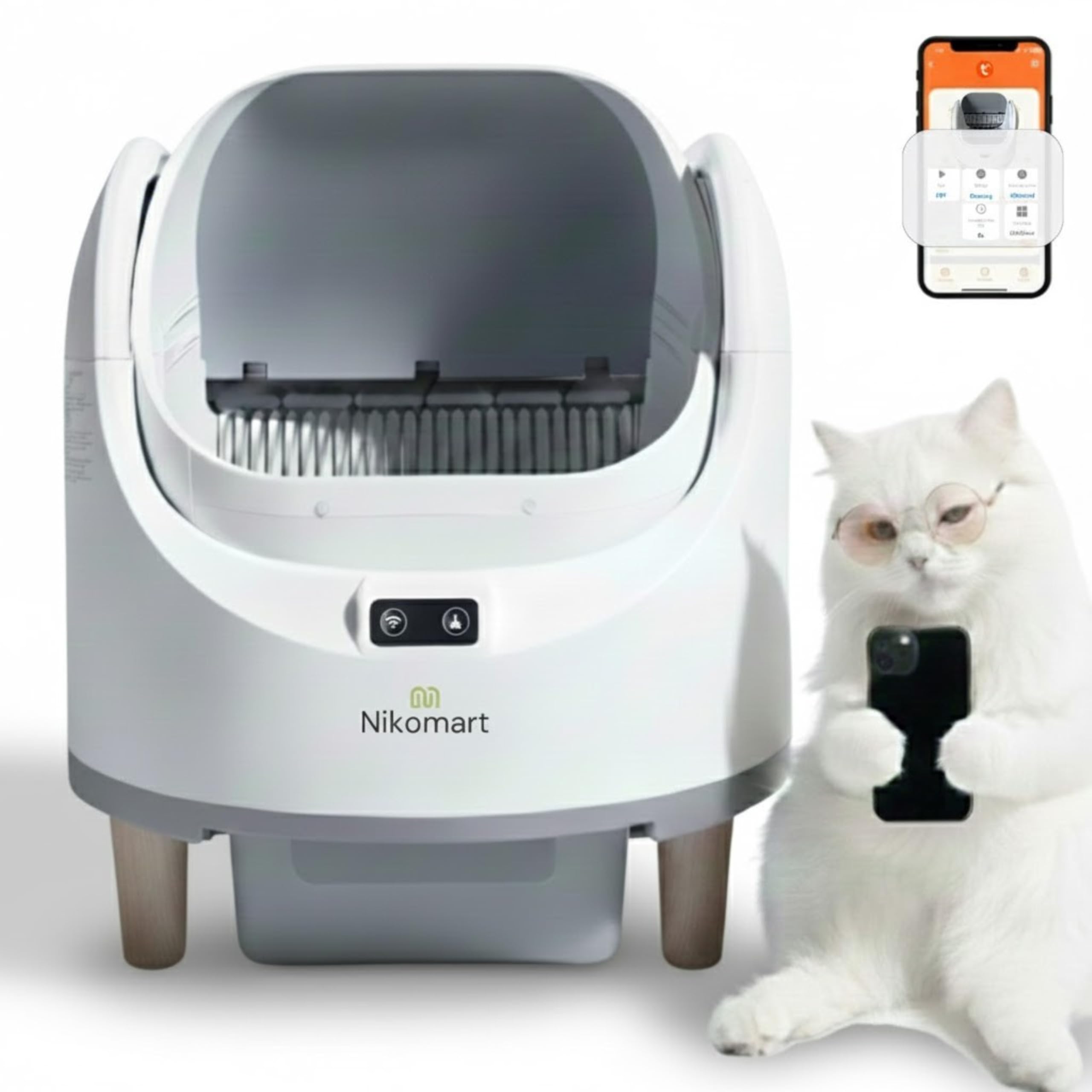 Nikomart Open-Top Automatic Litter Box, New White Design with App Control & Fragrance Dispenser for a Fresh Home - 68L Self Cleaning Cat Litter Box for Multiple Cats