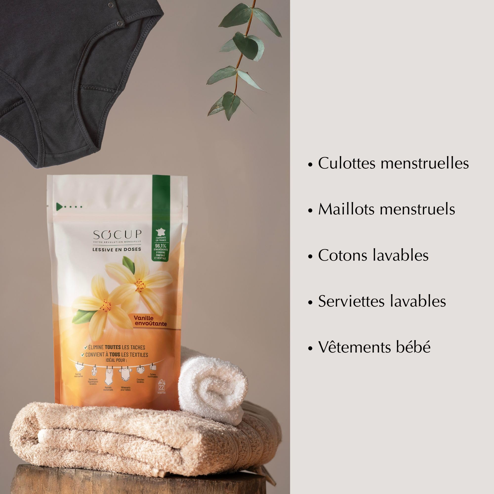 Lessive en Doses pour Culottes Menstruelles, Maillot de Bain Menstruel, Serviettes Hygiéniques et Couches Lavables｜ Vanille Envoûtante ｜ 96% d'origine minérale et végétale
