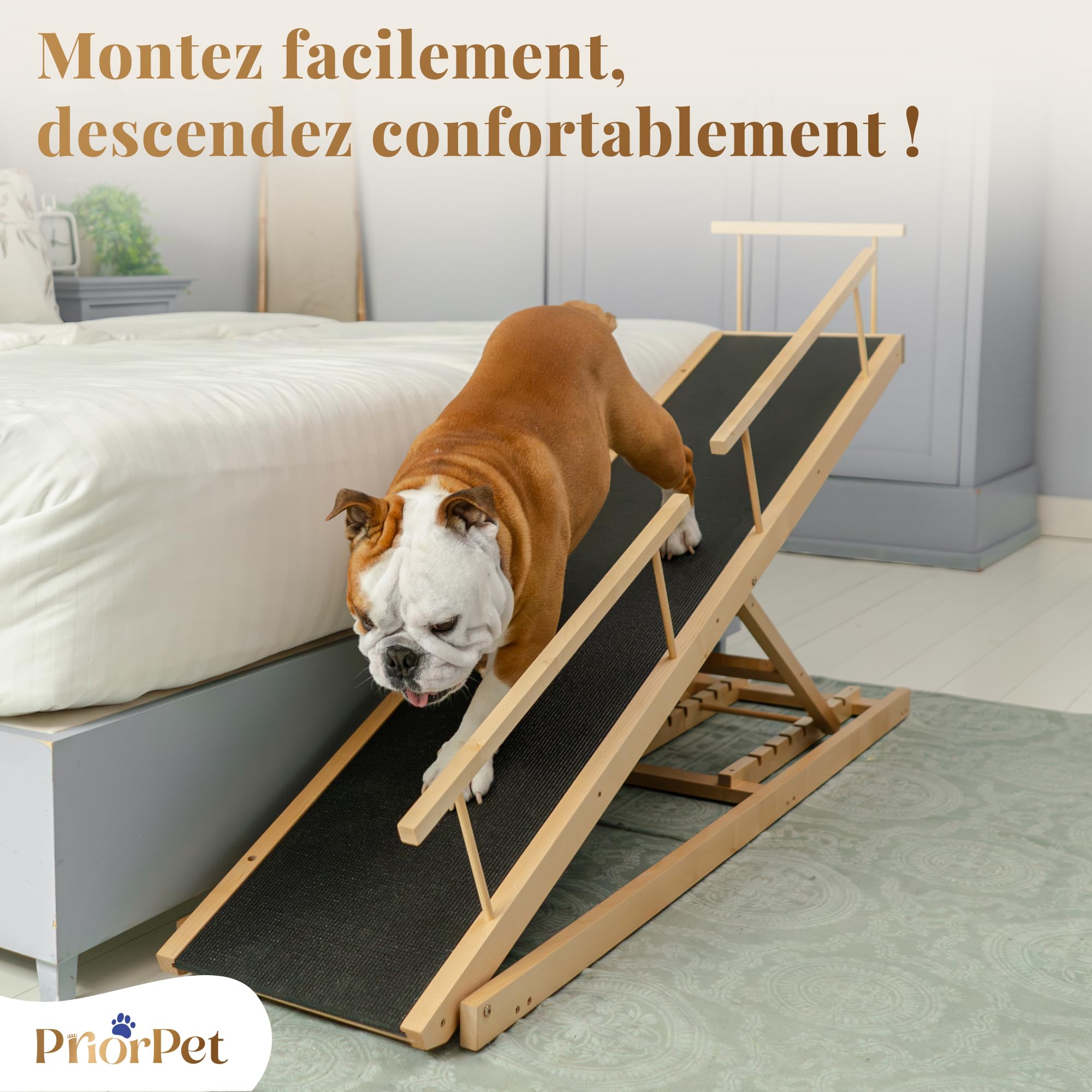 Rampe pour Chien Lit avec Barrières de Sécurité - Escalier pour Chien PRIORPET - Bois de Bouleau - pour Lit Haut jusqu'à 94.5 cm - Pliable -Poignée antidérapante-pour Les Chiens jusqu'à 23kg- Naturel