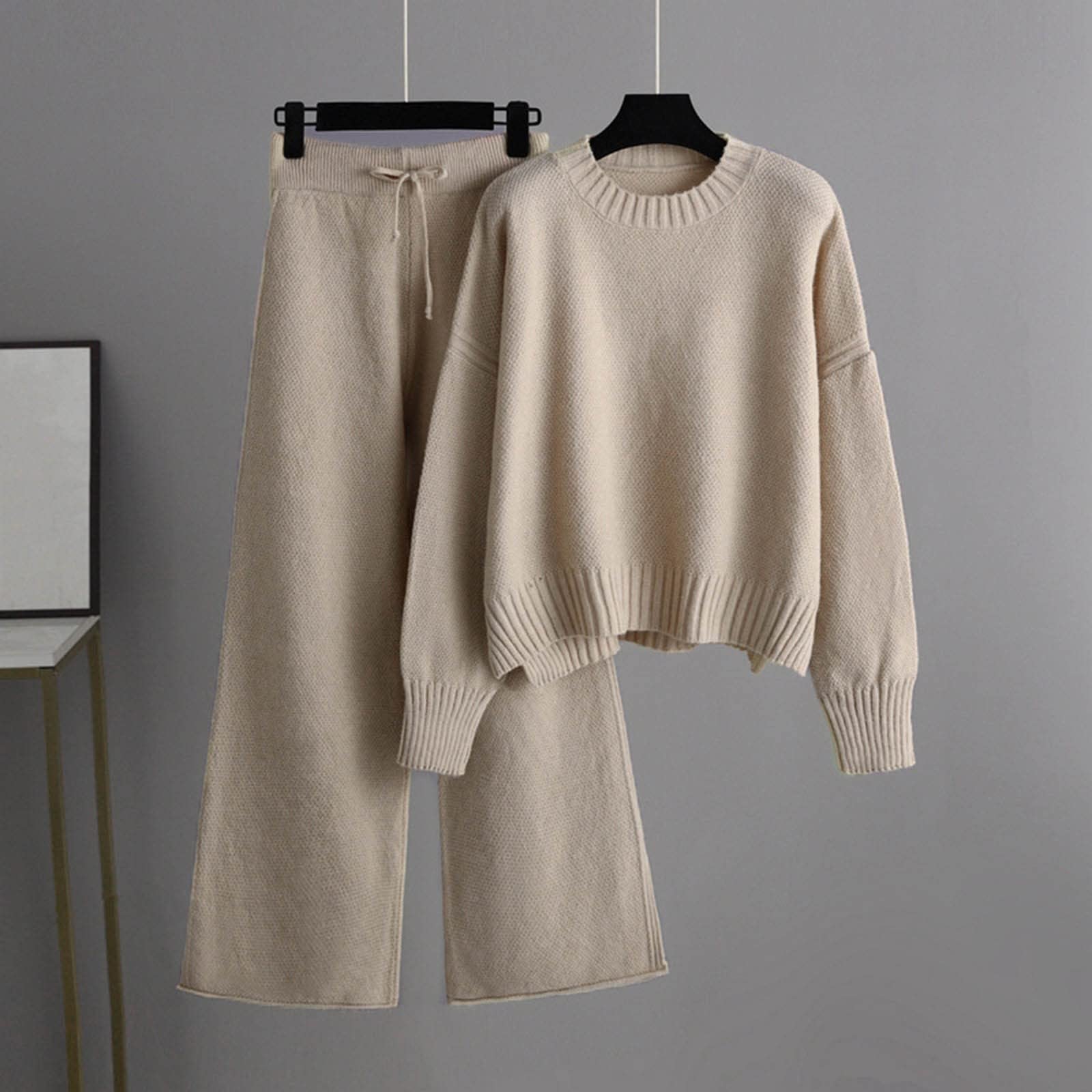 Completo Maglia E Pantalone Donna Completi Due Pezzi Tuta in Maglia Invernale Set Coordinato Elegante Lavorati Maglione a Manica Lunga e Pantaloni a Gamba Larga Completio Felpata Tute 2 Pezzi Casual