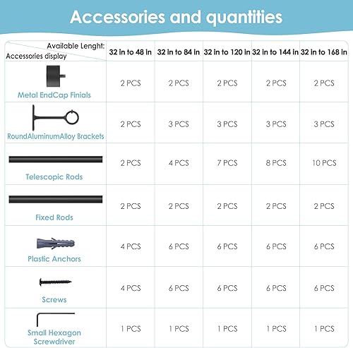 Miniatura 5 de Barras de cortina ajustables telescópicas para ventanas de 32 a 120 pulgadas, barras de cortina de 1 pulgada, juego de cortineros rústicos negros,