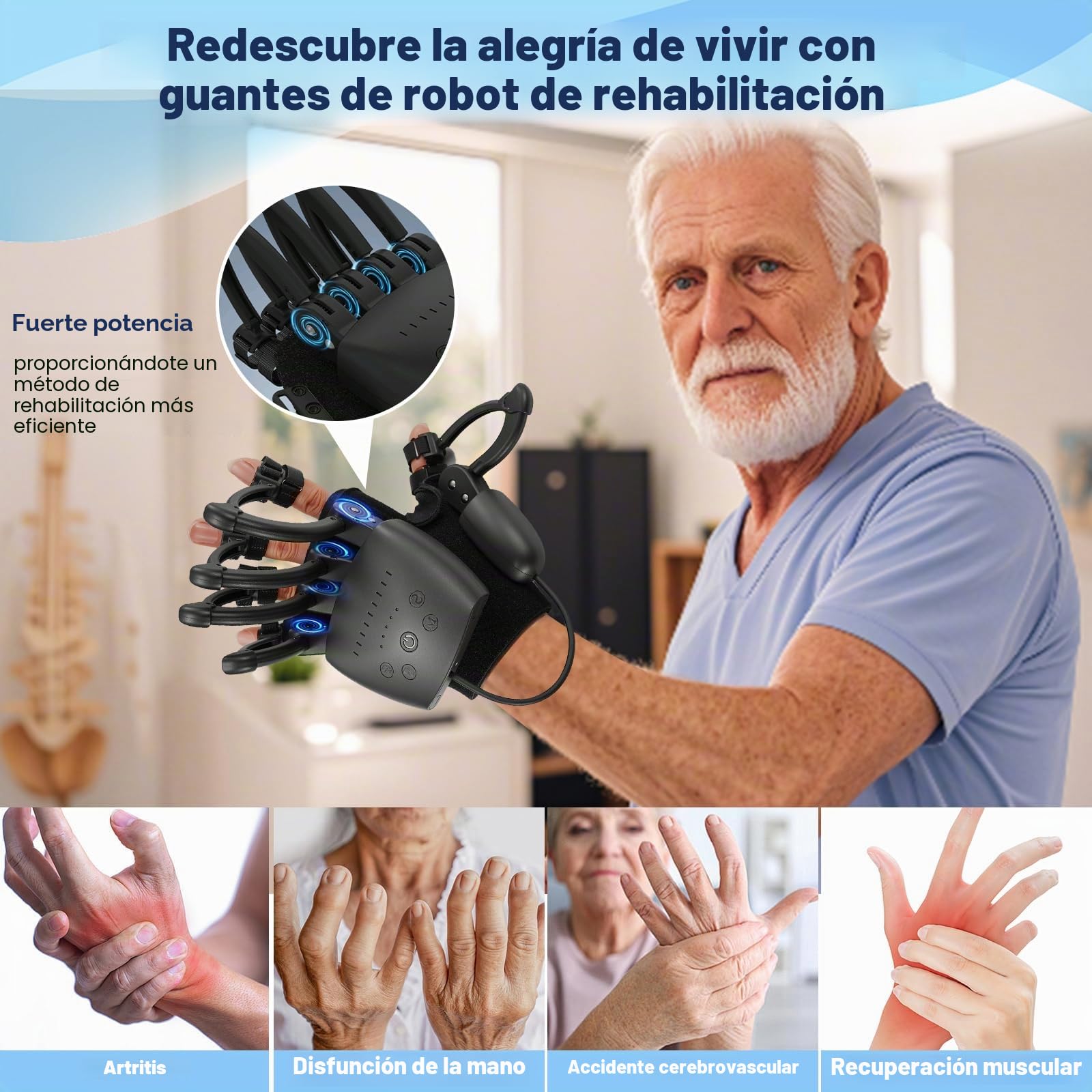 Recargable Guantes de rehabilitación robótica para hemiplejía, guantes de tratamiento para pacientes con ictus, aparato de fisioterapia para rehabilitación de la rigidez de la mano (Left hand-L)