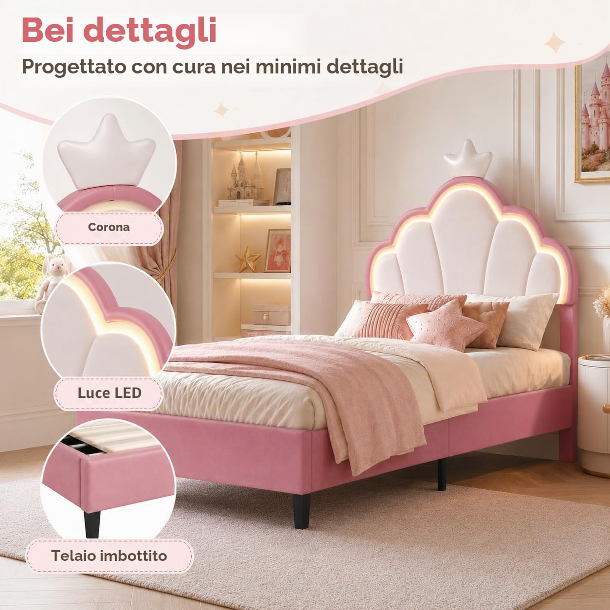 DULRLLY Letto bambini imbottito 90x200 cm, letto singolo con strisce LED regolabili e Testiera a forma di corona, letto Principessa con rete a doghe per bambini ragazze e adolescenti