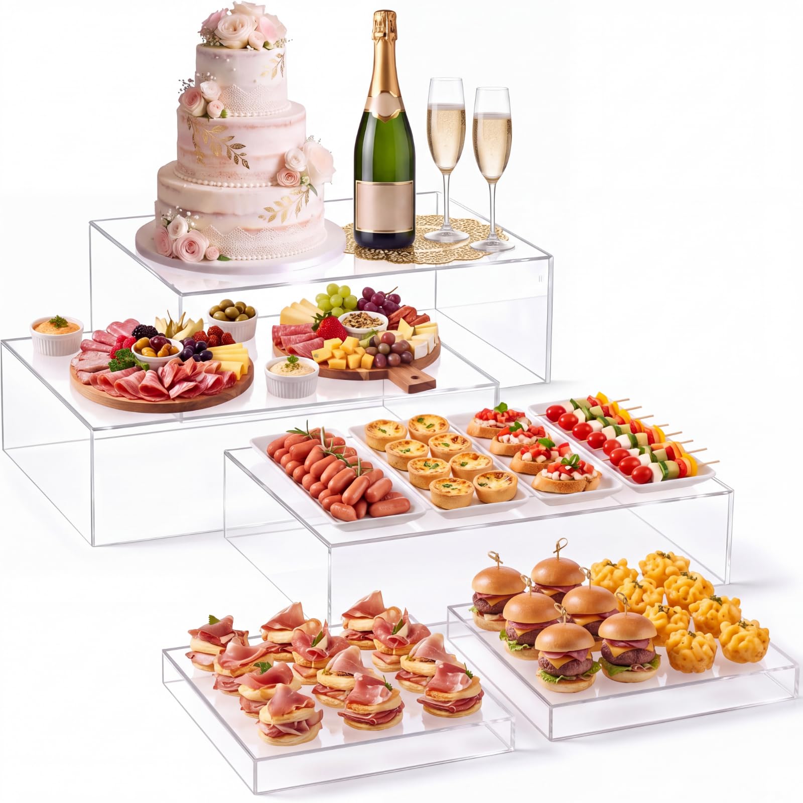Leinuosen 5 Pcs Extra Large Buffet Risers Set Rectangle Acrylic Display Box Catering Dessert Table Riser Food Display Decorative Stand with Hollow Bottom for Catering(Clear)