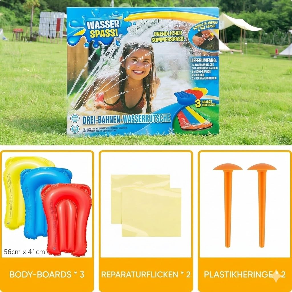 Generisch Wasserrutsche Garten für Kinder, 488x208cm Dreispurige Rutschbahn mit 3 Bodyboards, Wasserbahn mit Sprinkler, Sommer Wasserspielzeug