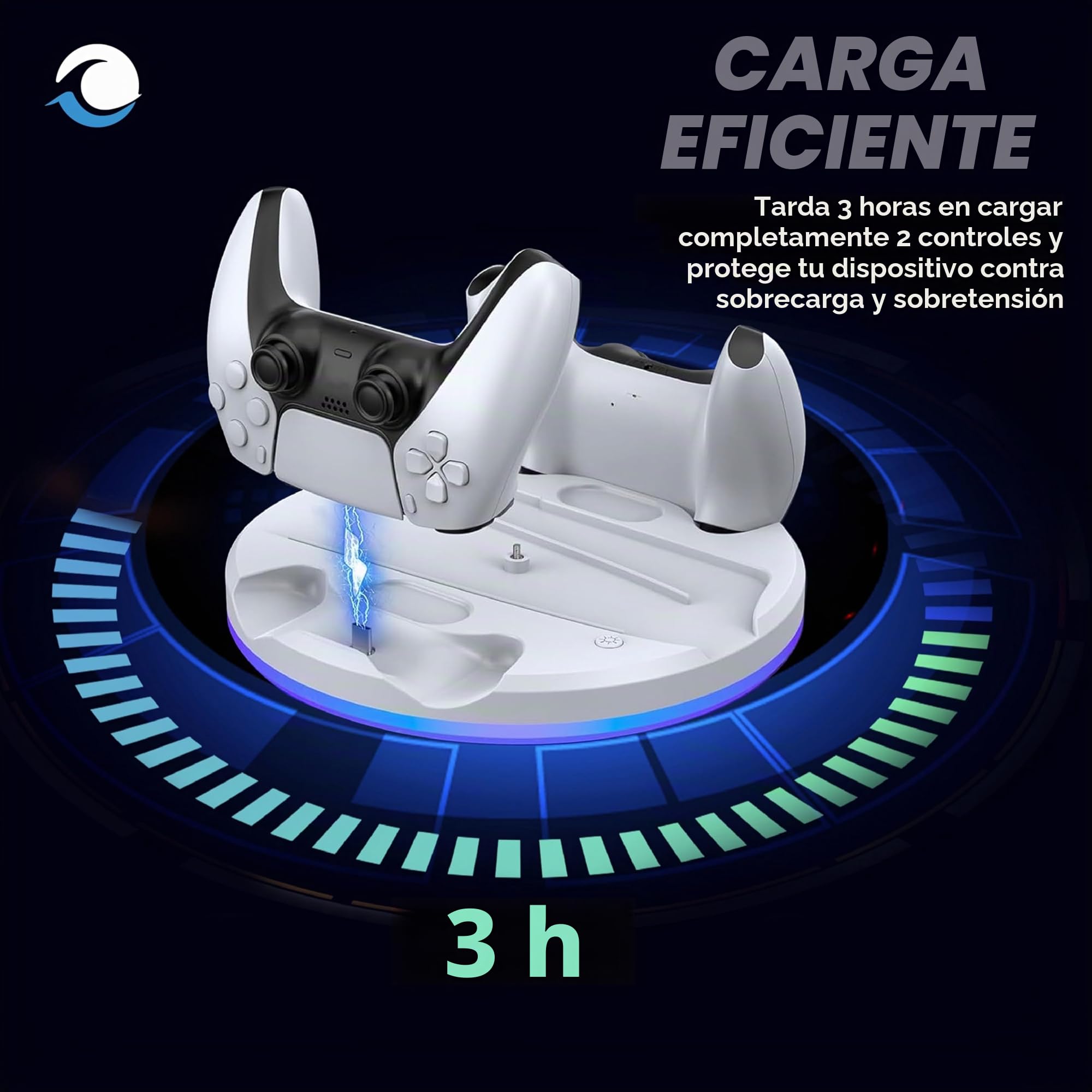 Soporte con Cargador de Controlador Dual para PS5 Slim – PlayStation 5 – Base con Base de Carga para Controlador Dual y Soporte para Auriculares – Iluminación RGB – Carga rápida – para Doble Sense y