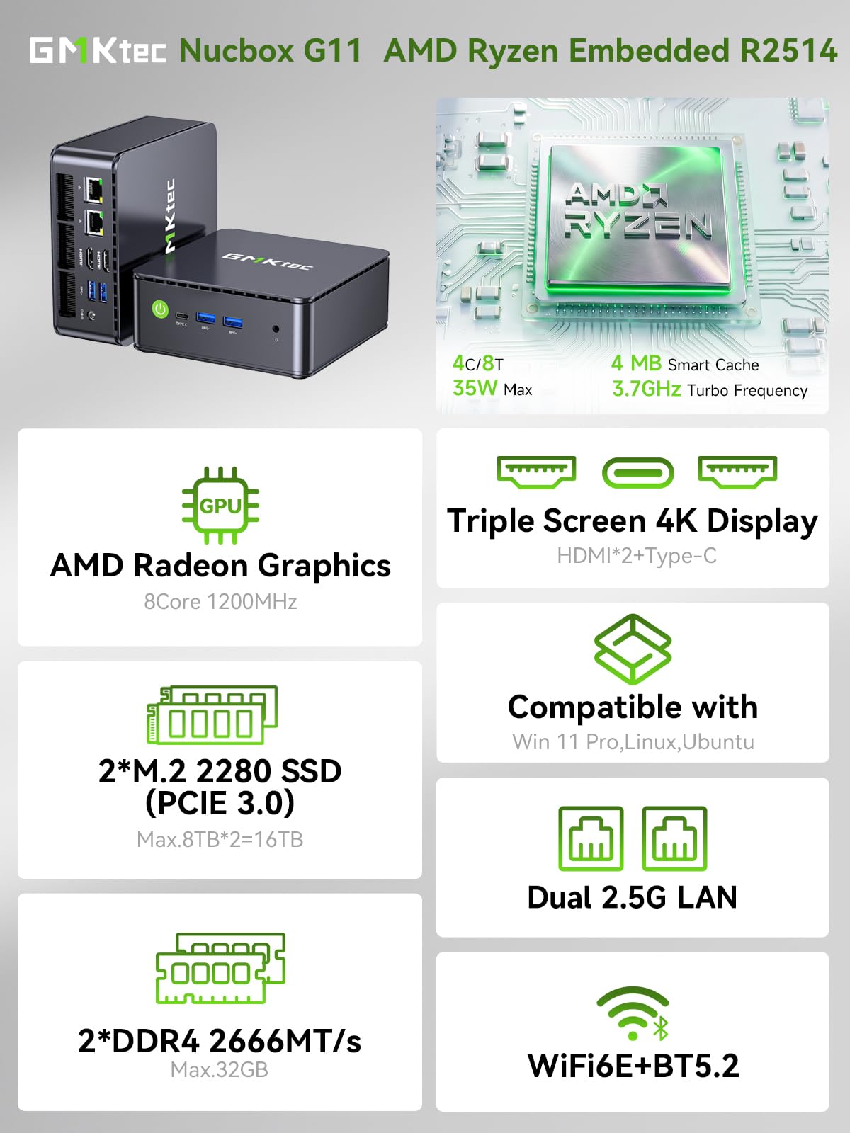 GMKtec Mini PC, Alder Lake N100 (3.4GHz), 8GB DDR4 RAM 256GB PCIe