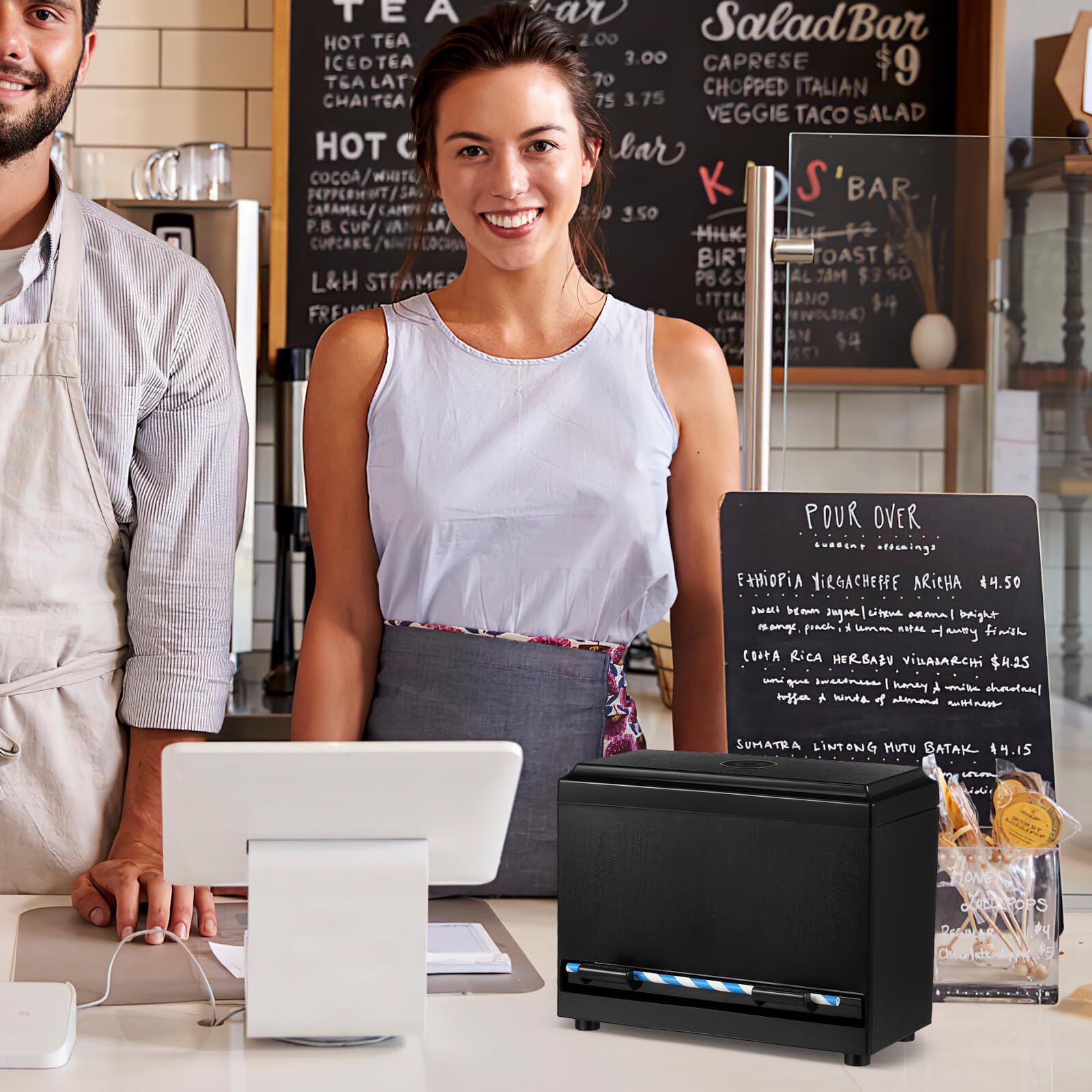 Baluue Automatischer Strohhalmspender mit Großem Fassungsvermögen Wiederverwendbare Aufbewahrungsbox für Trinkhalme Praktischer Push down Dispenser für Restaurant und Küche Schwarzer