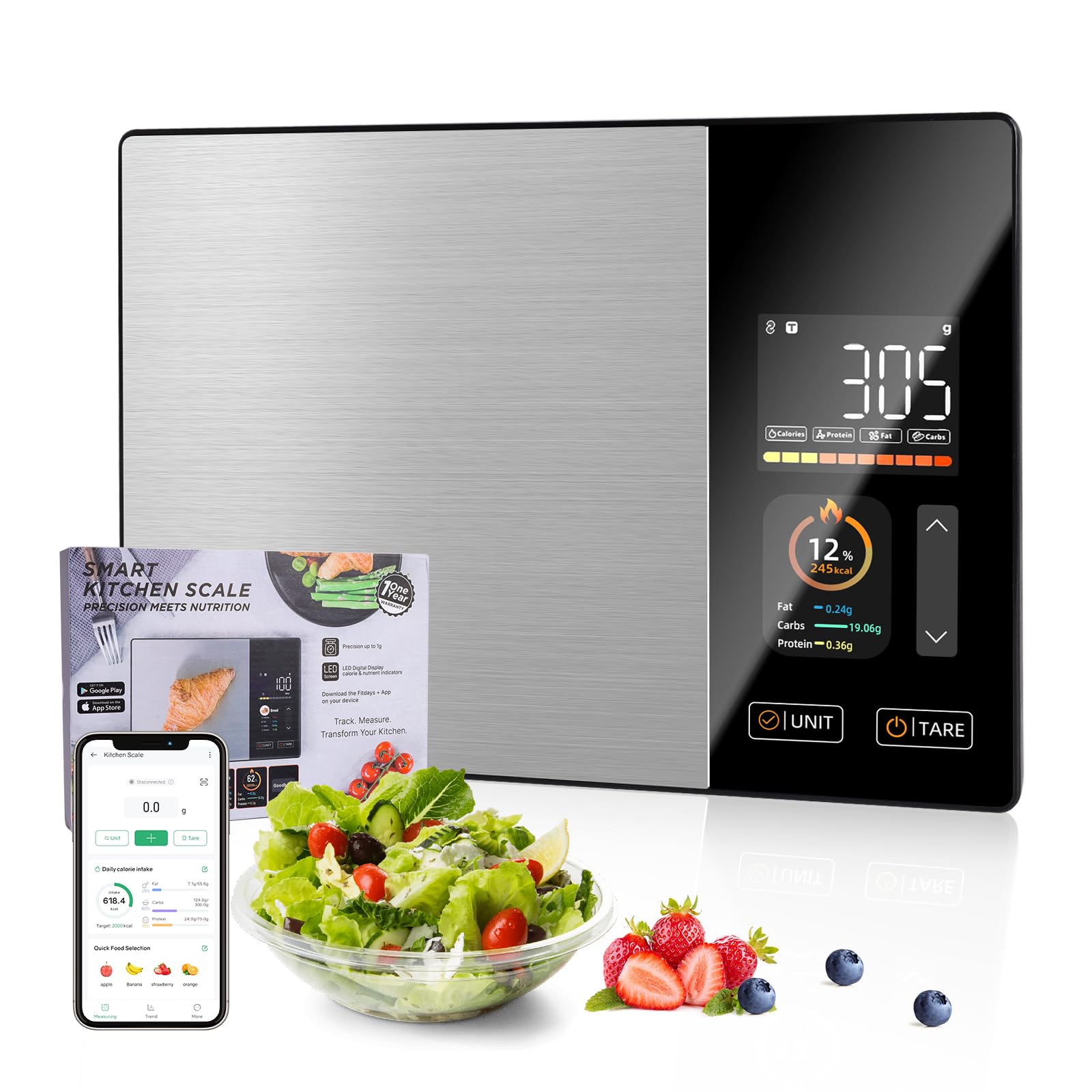 Báscula de cocina, báscula nutricional inteligente con cálculo nutricional, báscula de cocina inteligente con 24 análisis nutricionales, báscula de cocina con aplicación gratuita y Bluetooth, admite