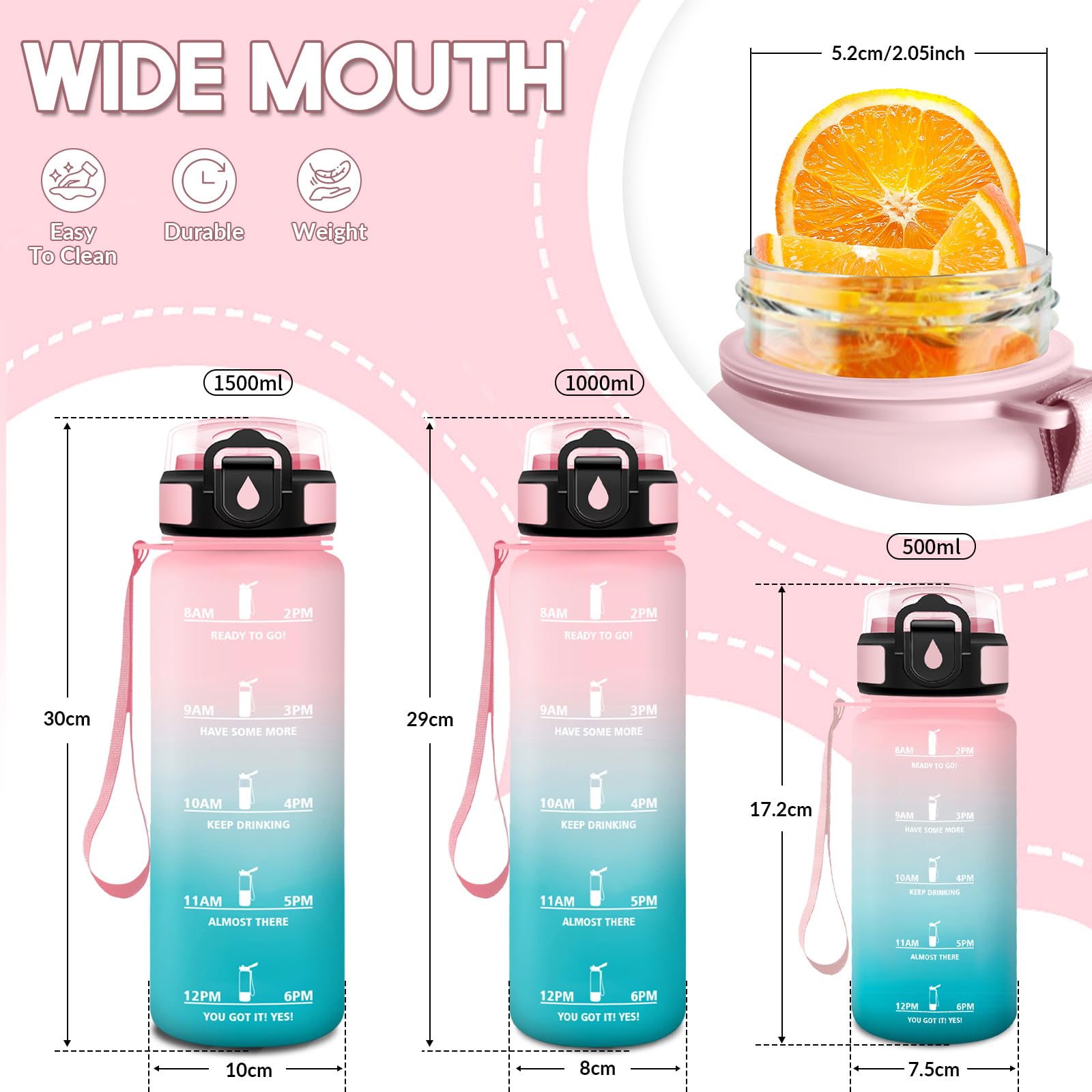 Mulbijeo Borraccia 1 Litro, Libre de BPA, Borracce con Cannuccia, A Prova di Perdita & Reutilizables, Borracce Palestra, Portatile, Borraccia Motivazionale per Campeggio, Palestra, Ufficio, Festa