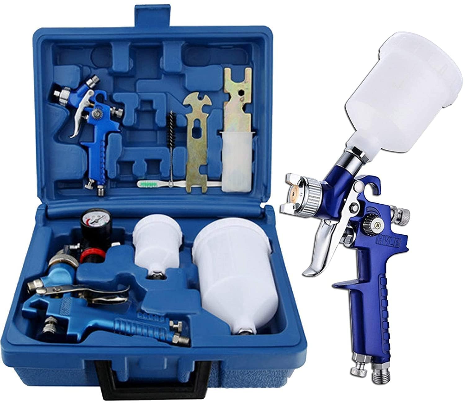 EVERGOODS Professional HVLP Spray Gun Kit, 2-Gun Set with 600ml/250ml Cups, Copper Nozzles (0.8mm, 1.4mm), Gauge & Cleaning Tools