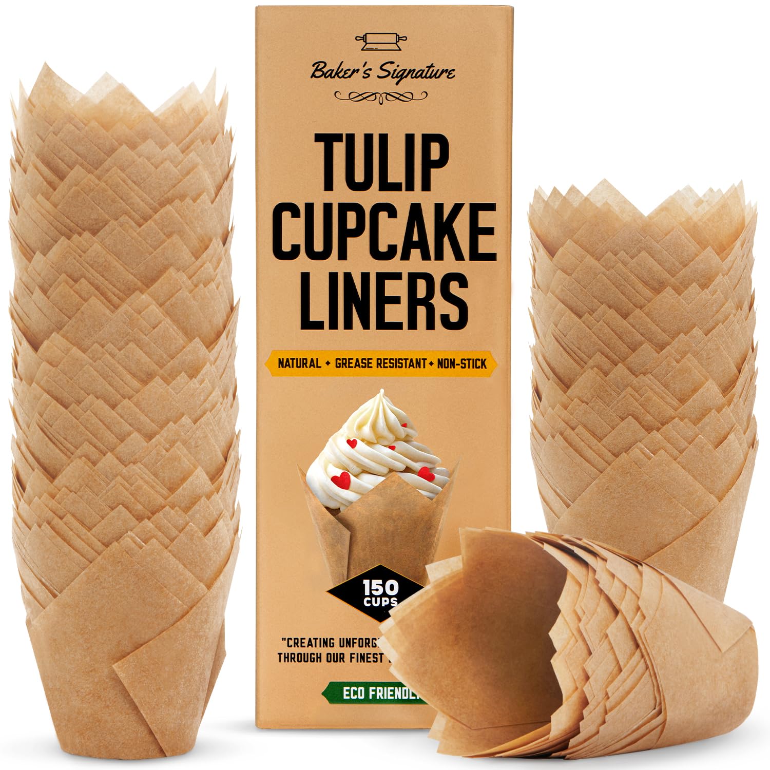 Tulip Cupcake Liners, Muffin Liners for Baking by Baker’s Signature – 200pcs of Parchment Paper Cups Cupcake Wrappers – Perfect Size, Sturdy, Greaseproof & Easy to Use – Wedding Decor – Natural BrownThe Forest Stewardship Council