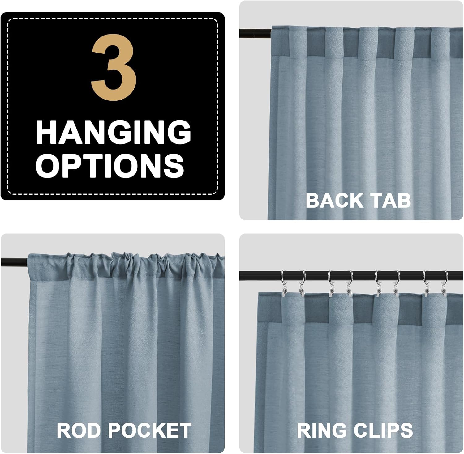 PrinceDeco Linen Curtains 84 inches Long 2 Panels Set for Living Room/Bedroom, Thick Linen Textured Rod Pocket Back Tab Drapes Elegant Window Treatment Semi Sheer Light Filtering Farmhouse, Blue