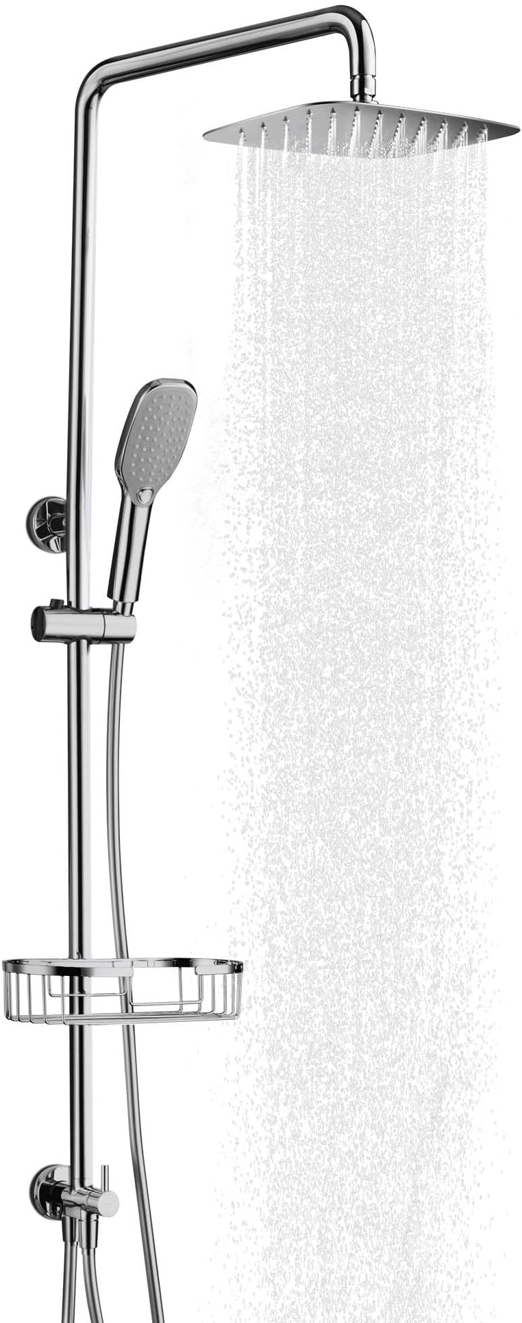 SonTiy Shower Riser Rail Kit-12"Square Rainfall Shower Head & Shower Caddy