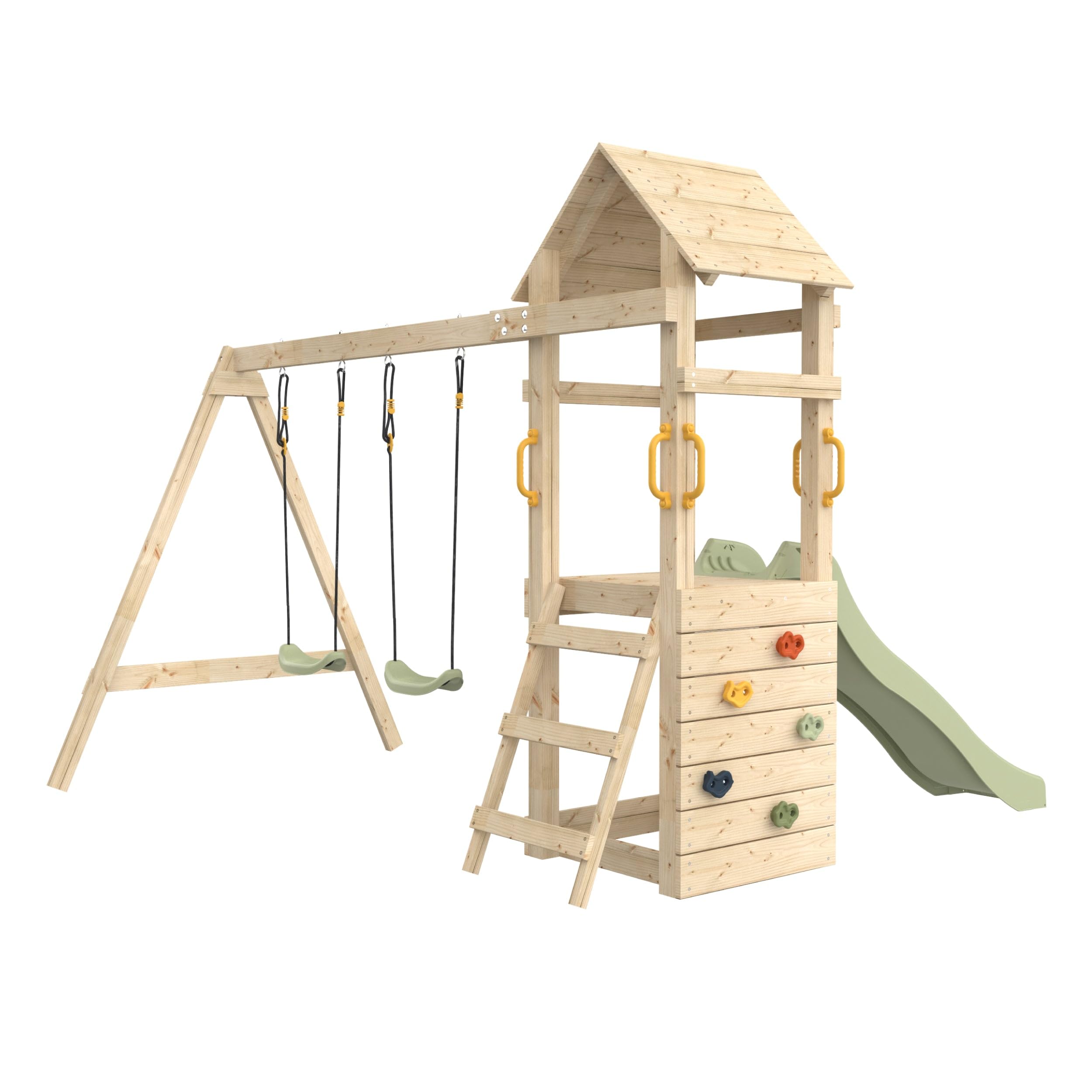 Aire de Jeux GESSETTE avec Toit - Plateforme - échelle - Mur d'escalade - 2 balançoires - Toboggan h210 cm